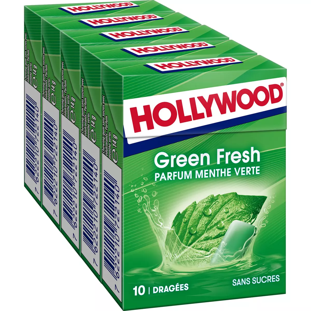 HOLLYWOOD Green fresh chewing-gums sans sucres menthe verte 5x10 dragées 70g
