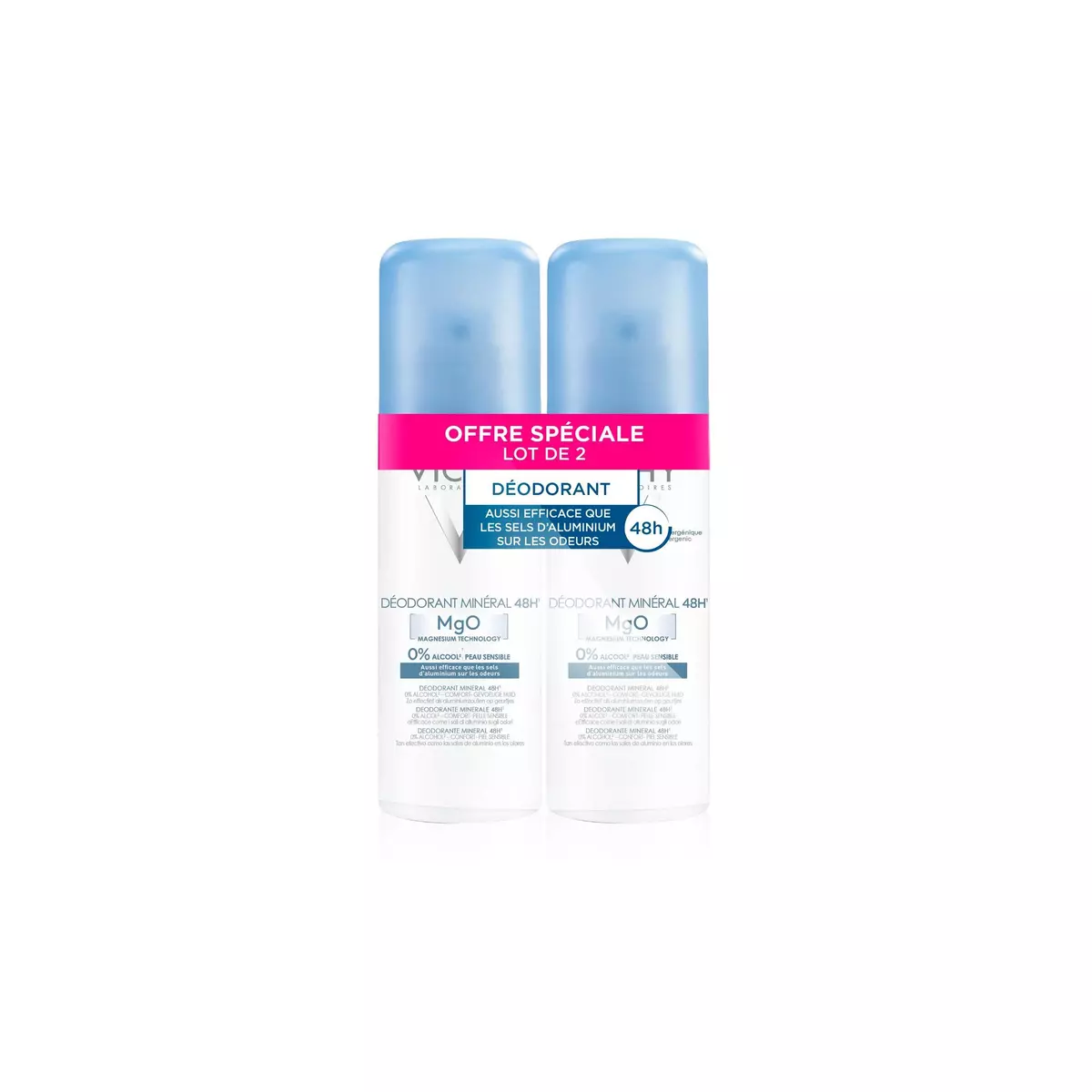 VICHY Déodorant spray minéral 48h hypoallergénique pour peau sensible 2x125ml
