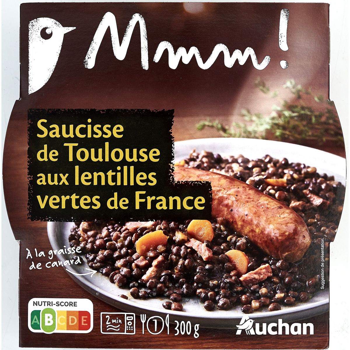 AUCHAN TERROIR Saucisse de Toulouse aux lentilles verte de France 1 portion 300g
