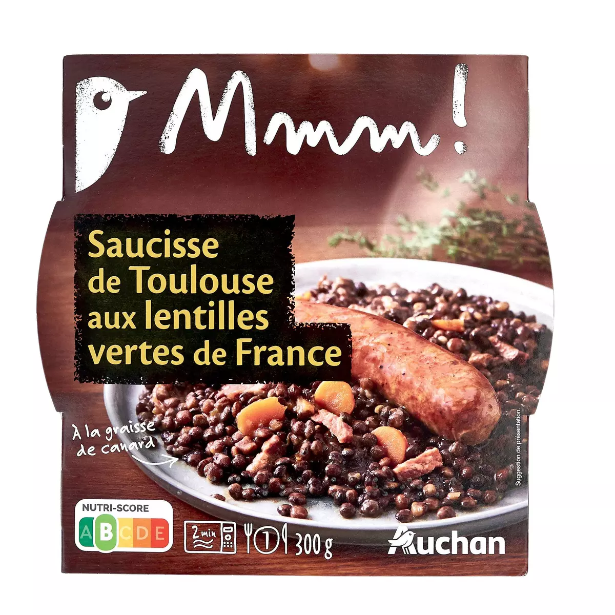 AUCHAN TERROIR Saucisse de Toulouse aux lentilles verte de France 1 portion 300g