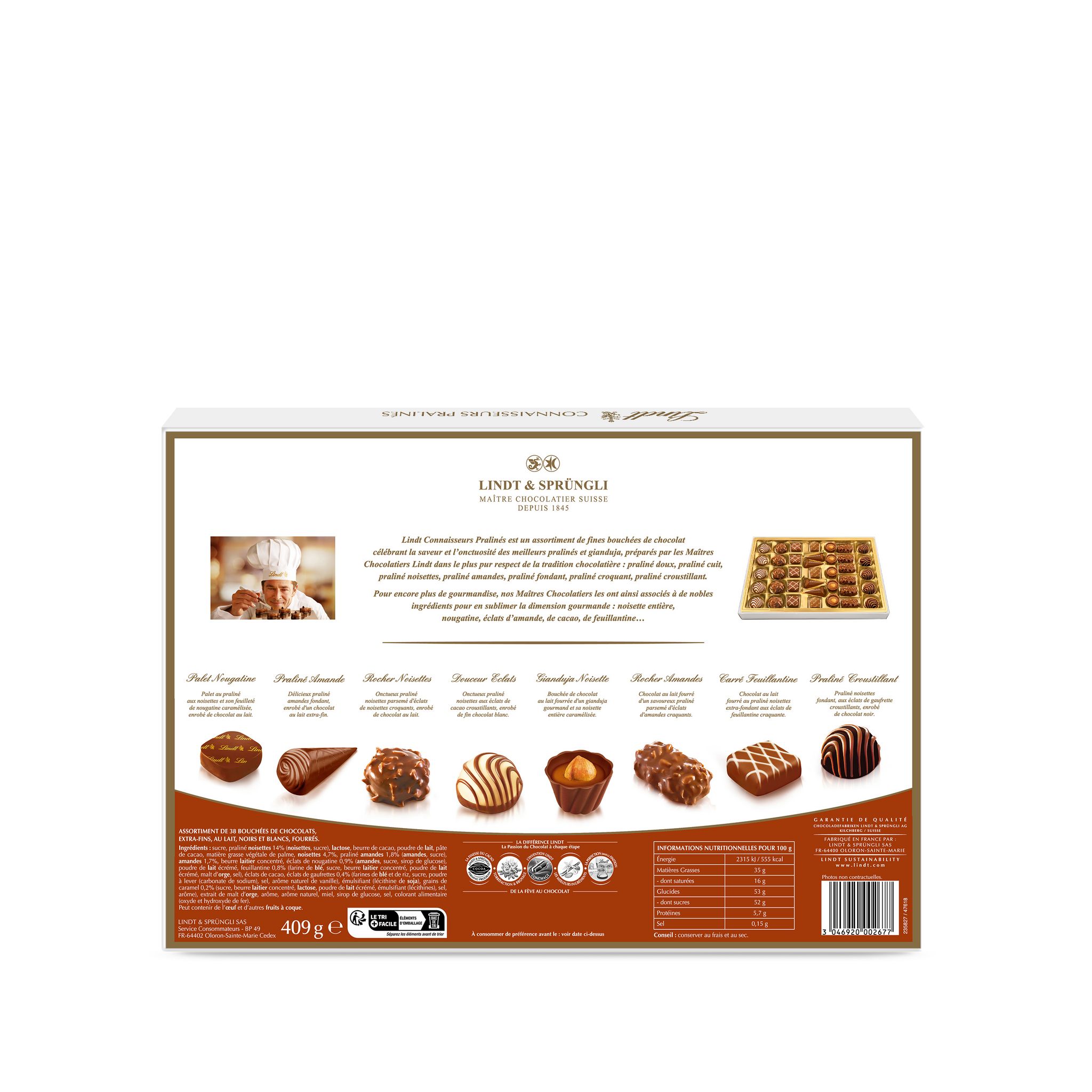 Voir la diapositive 2 : LINDT Connaisseurs Pralinés assortiment de chocolats extra fins au lait, noirs et blancs fourrés 38 pièces 409g