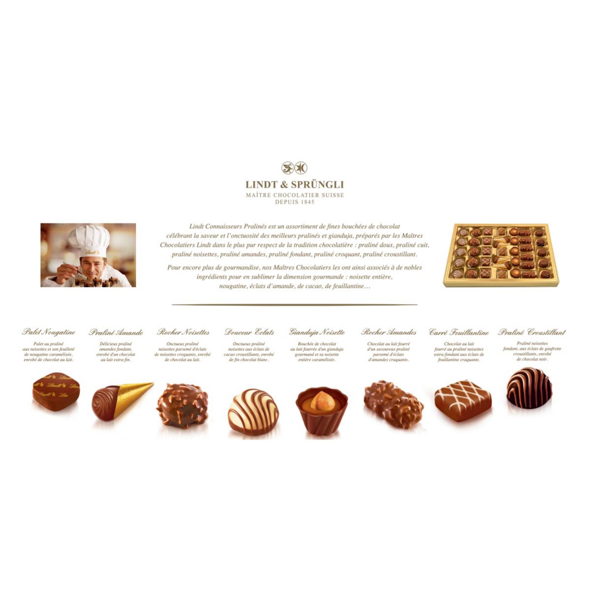 Voir la diapositive 3 : LINDT Connaisseurs Pralinés assortiment de chocolats extra fins au lait, noirs et blancs fourrés 38 pièces 409g