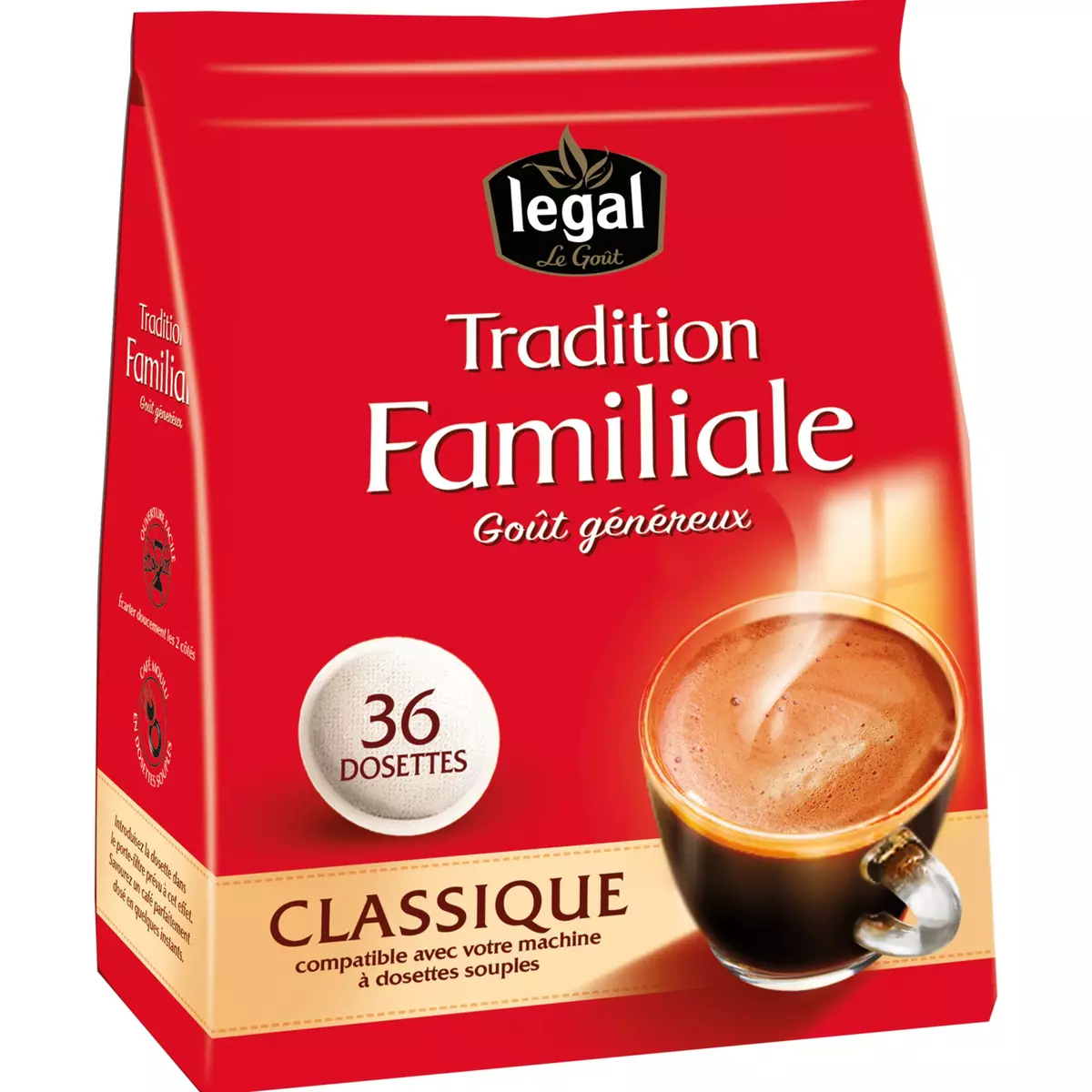 LEGAL Dosettes de café tradition familiale classique compatibles Senseo 36 dosettes 250g