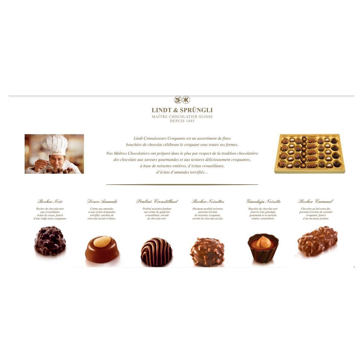 LINDT Connaisseurs Croquants assortiment de chocolats extra fins au lait  noirs et blancs fourrés 37 pièces 405g