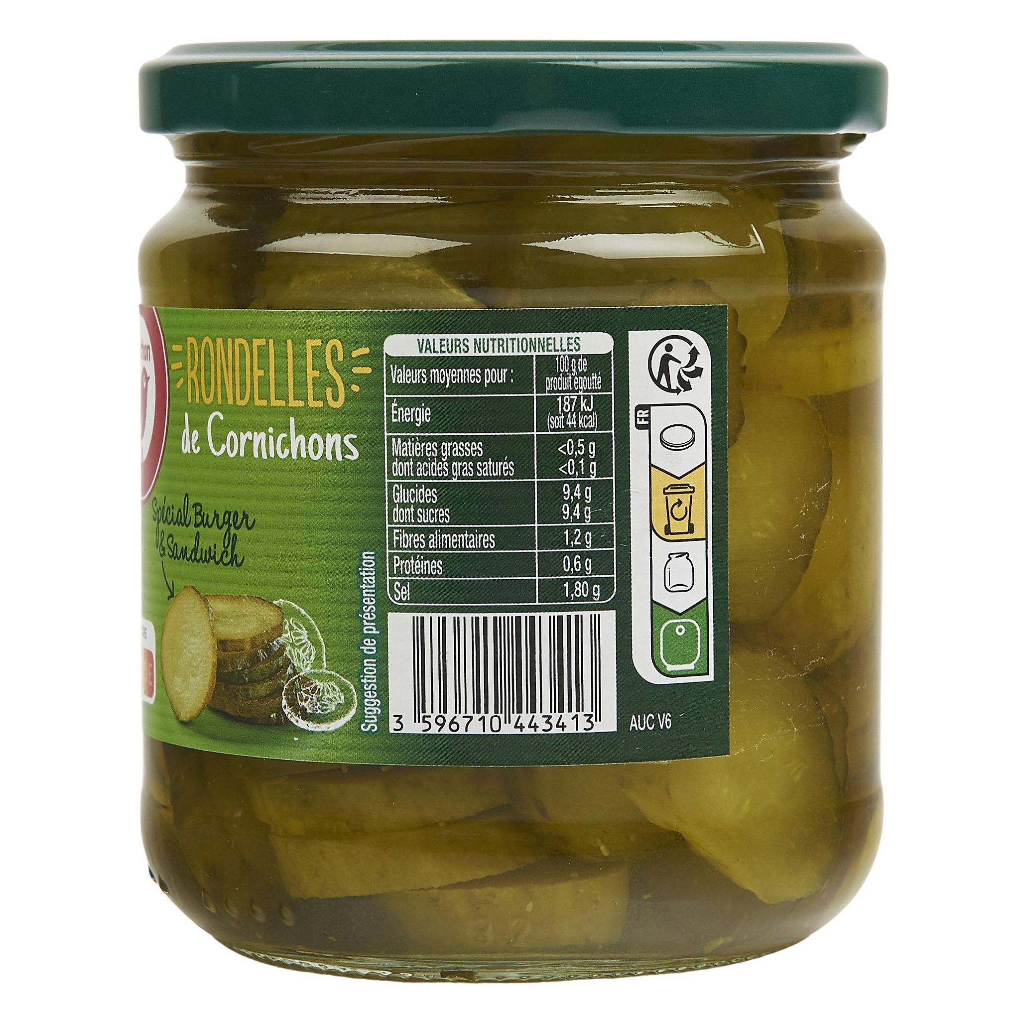 Voir la diapositive 2 : AUCHAN Rondelles de cornichons spécial burger et sandwich 185g