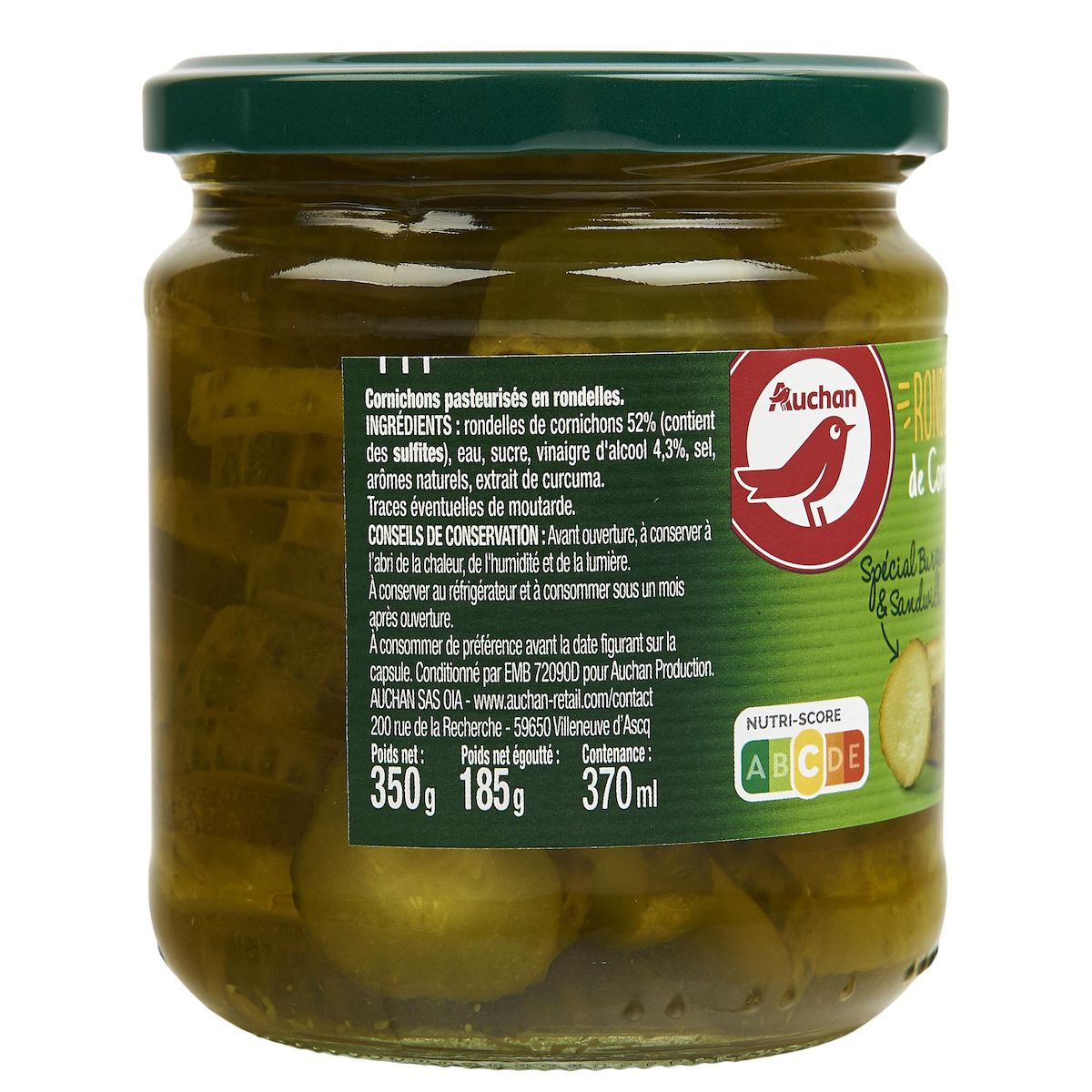 AUCHAN Rondelles de cornichons spécial burger et sandwich 185g