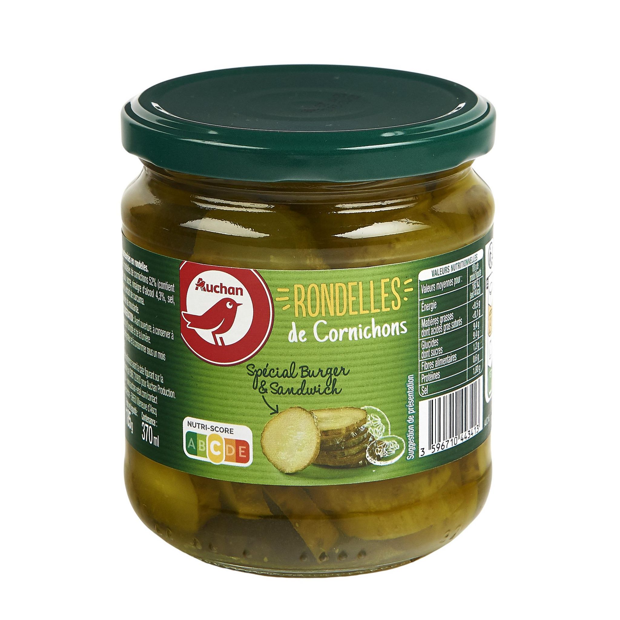 Voir la diapositive 4 : AUCHAN Rondelles de cornichons spécial burger et sandwich 185g