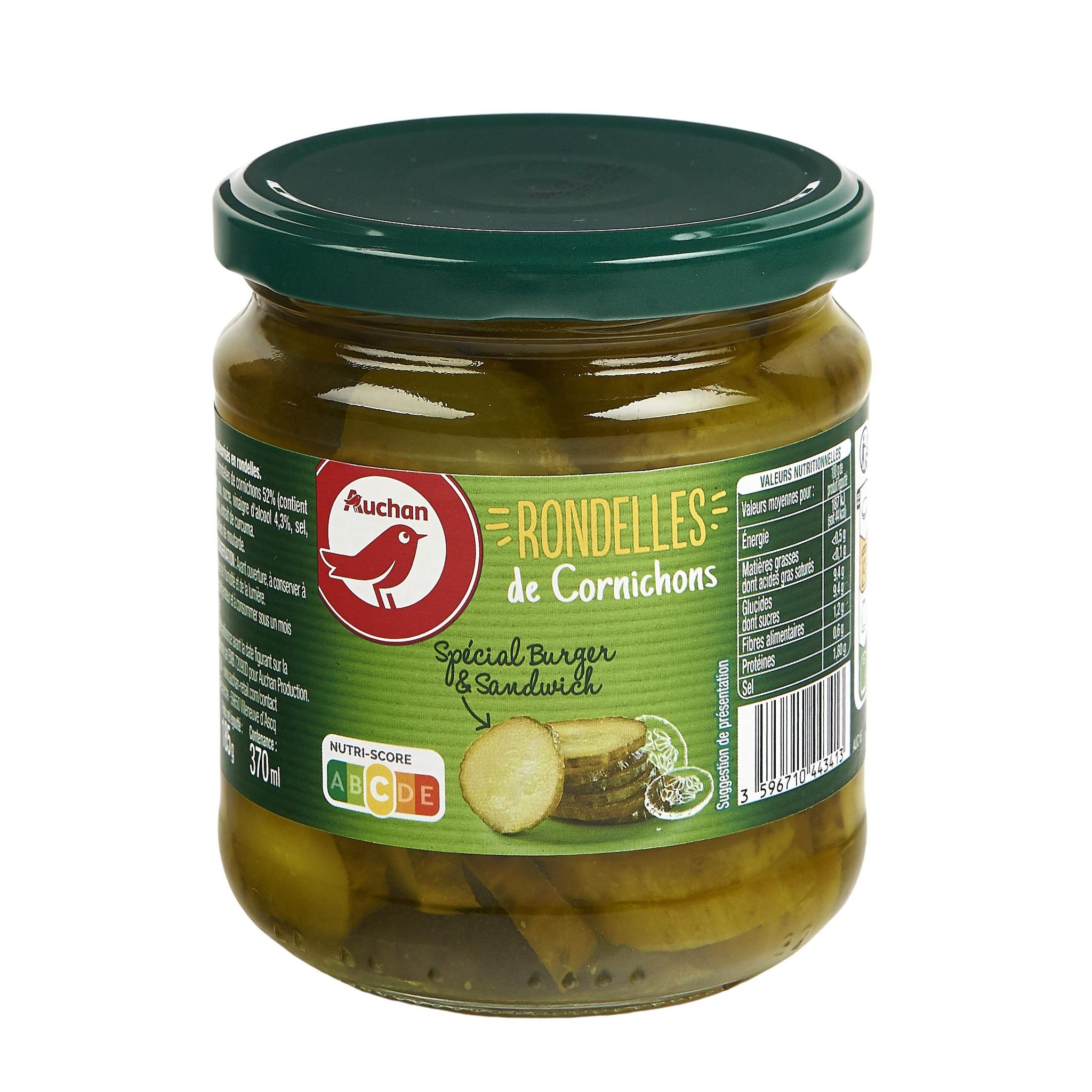 Voir la diapositive 5 : AUCHAN Rondelles de cornichons spécial burger et sandwich 185g