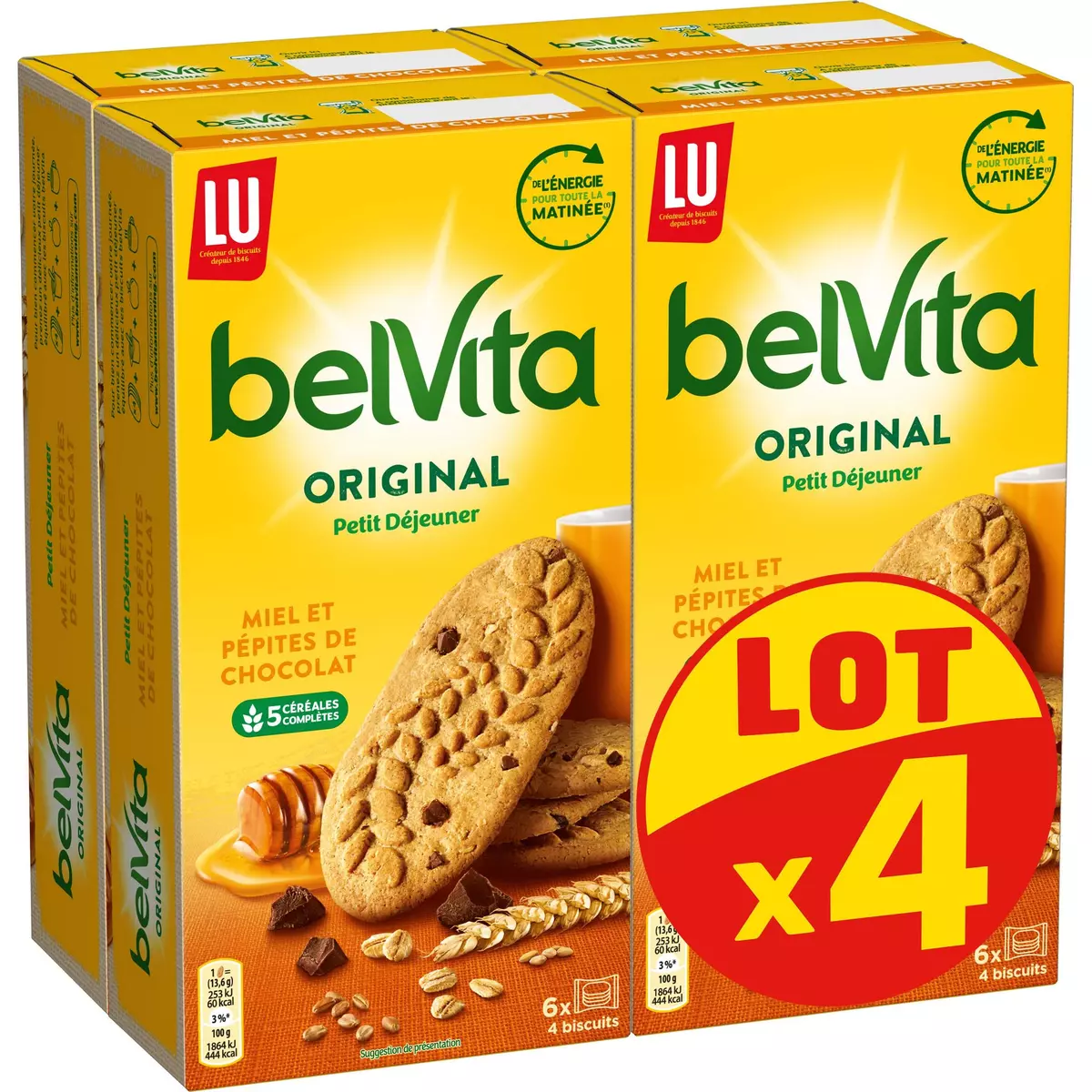BELVITA Biscuits petit-déjeuner au miel et pépites de chocolat 4x435g