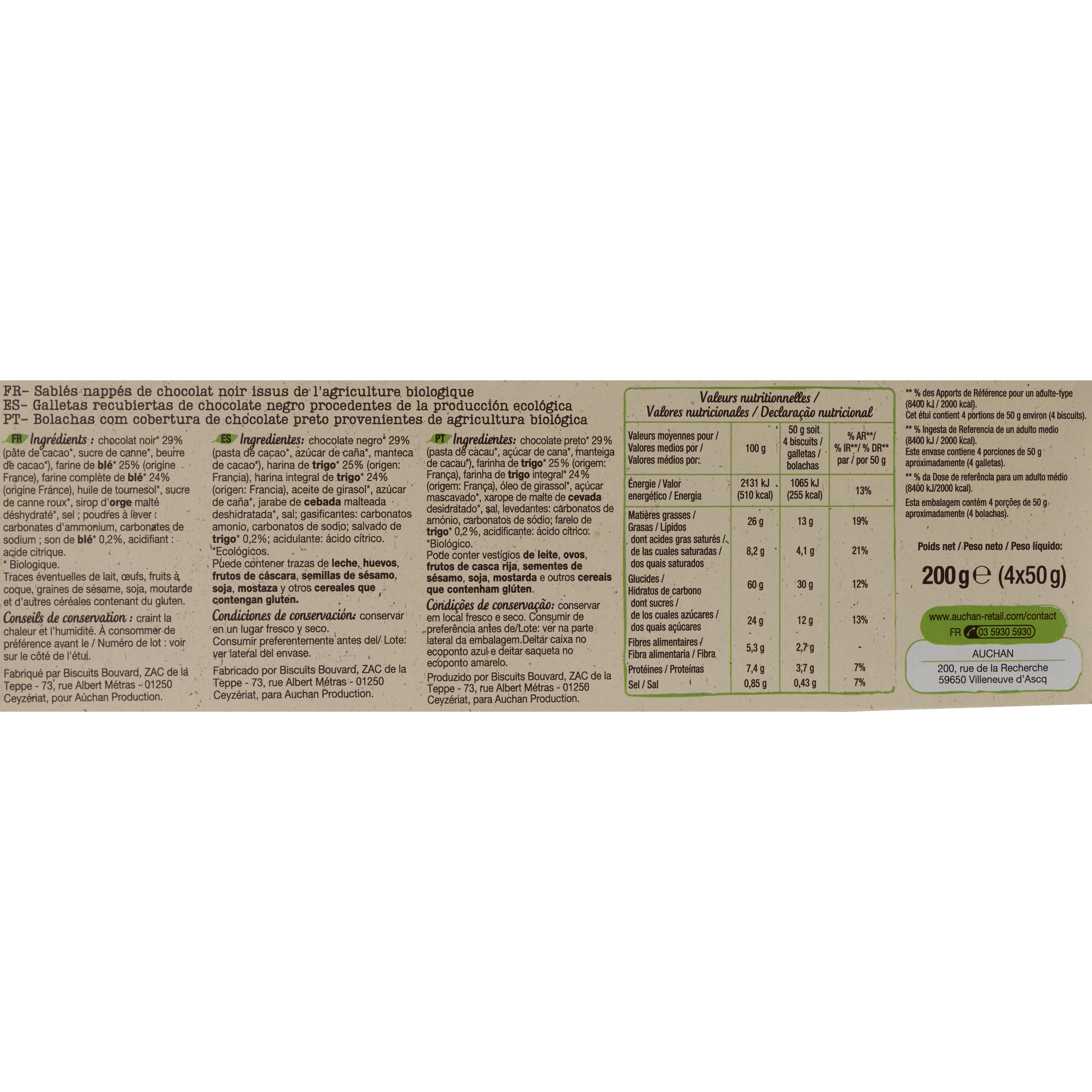 Voir la diapositive 2 : AUCHAN BIO Biscuits nappés de chocolat noir sachets fraîcheur 4x4 biscuits 200g
