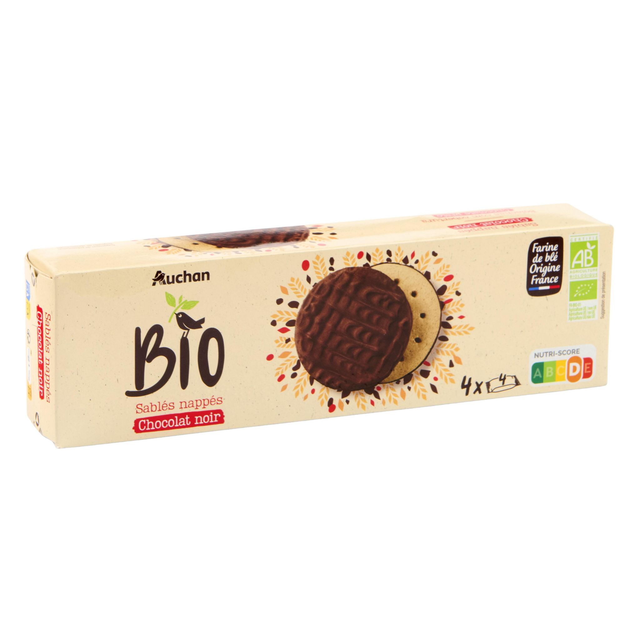 Voir la diapositive 2 : AUCHAN BIO Biscuits nappés de chocolat noir sachets fraîcheur 4x4 biscuits 200g
