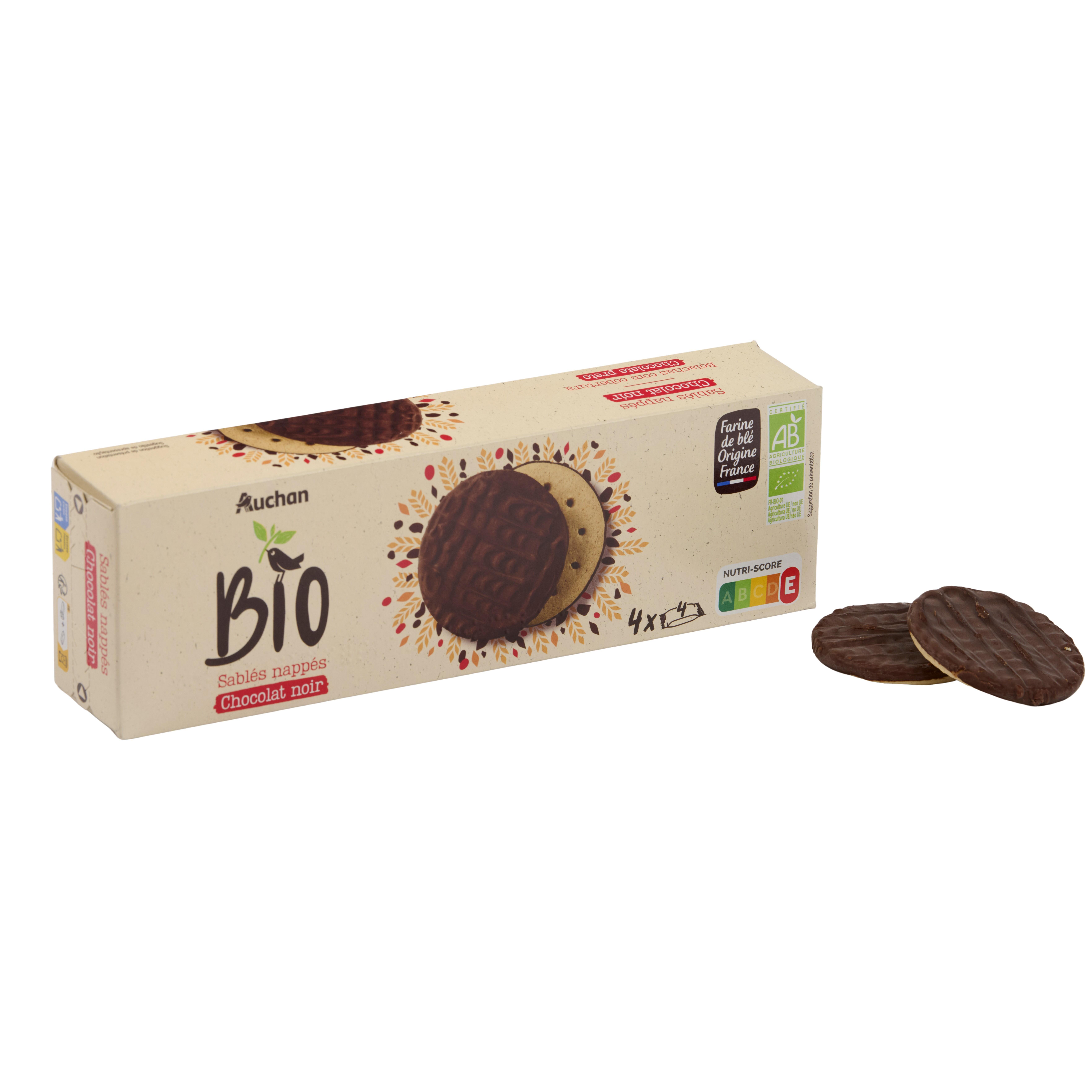 Voir la diapositive 3 : AUCHAN BIO Biscuits nappés de chocolat noir sachets fraîcheur 4x4 biscuits 200g