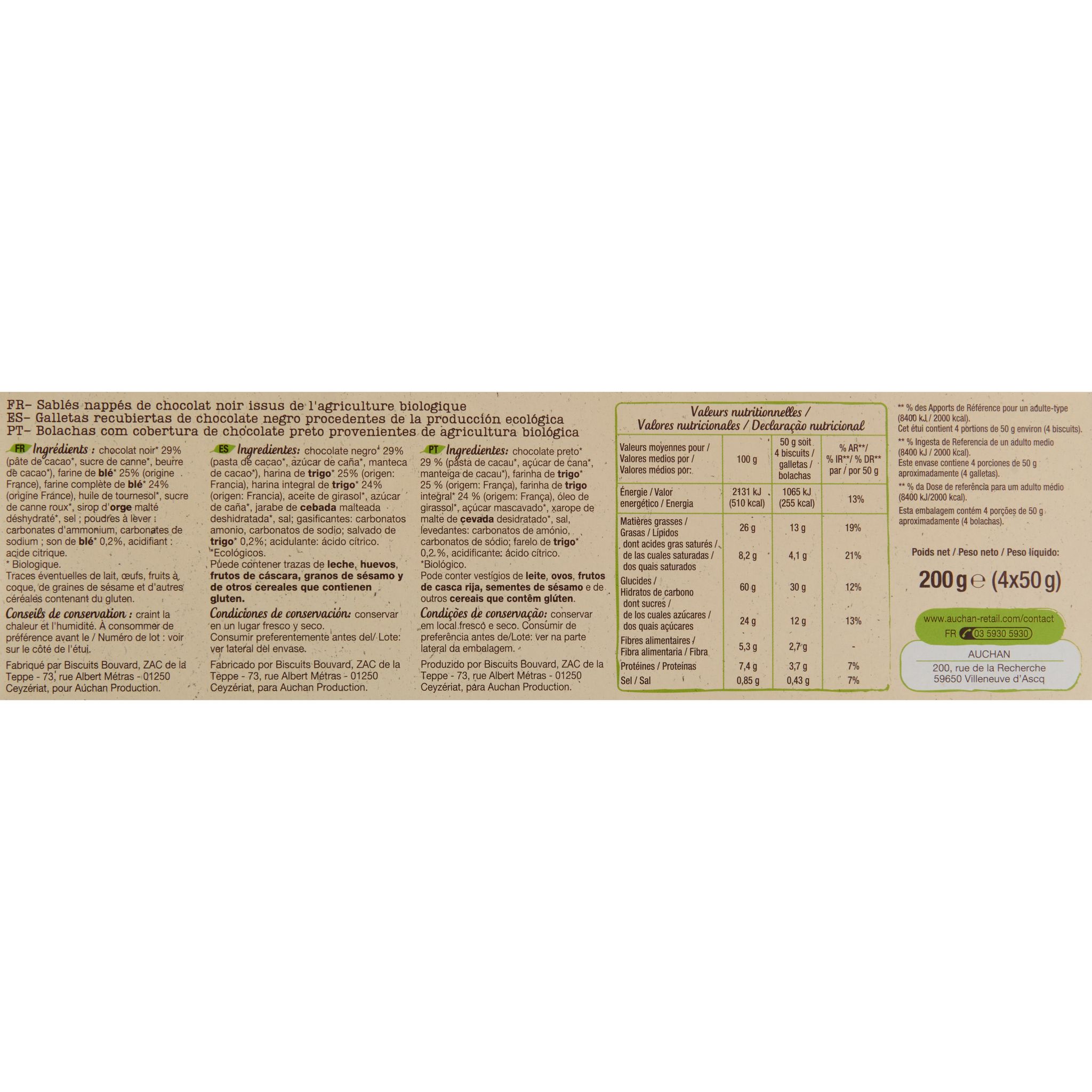 Voir la diapositive 3 : AUCHAN BIO Biscuits nappés de chocolat noir sachets fraîcheur 4x4 biscuits 200g
