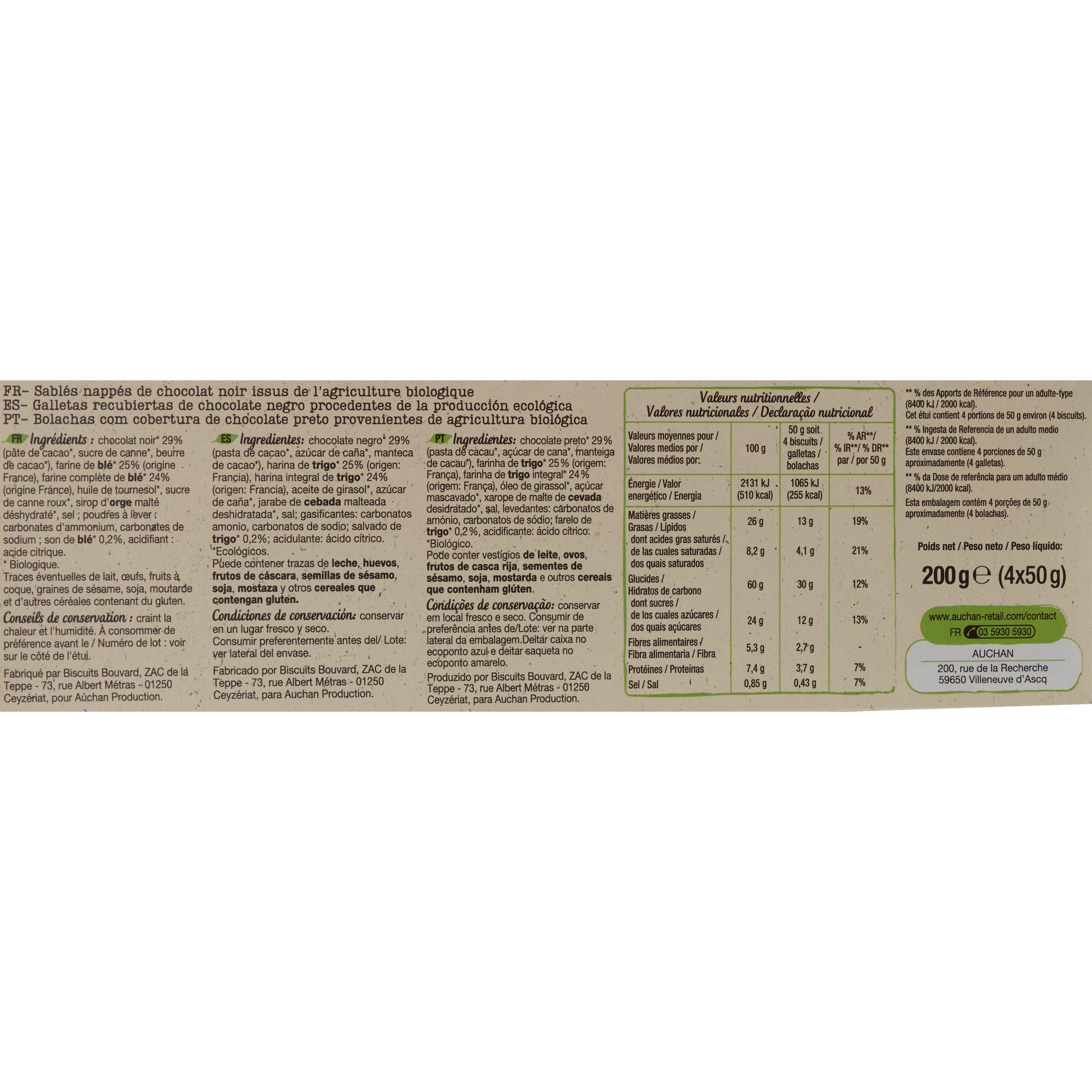 Voir la diapositive 4 : AUCHAN BIO Biscuits nappés de chocolat noir sachets fraîcheur 4x4 biscuits 200g