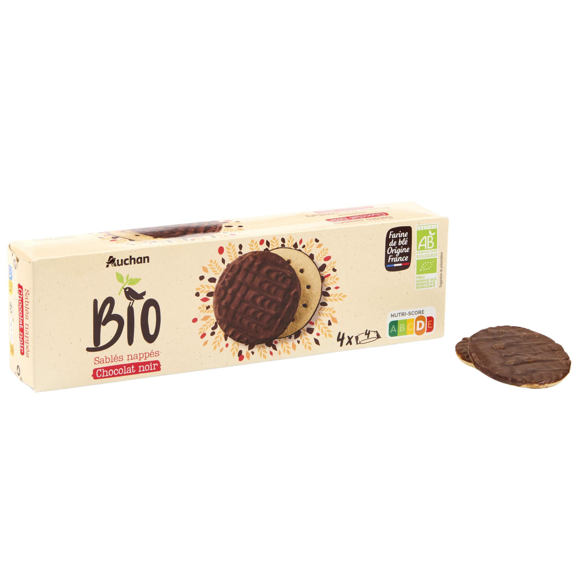 Voir la diapositive 4 : AUCHAN BIO Biscuits nappés de chocolat noir sachets fraîcheur 4x4 biscuits 200g