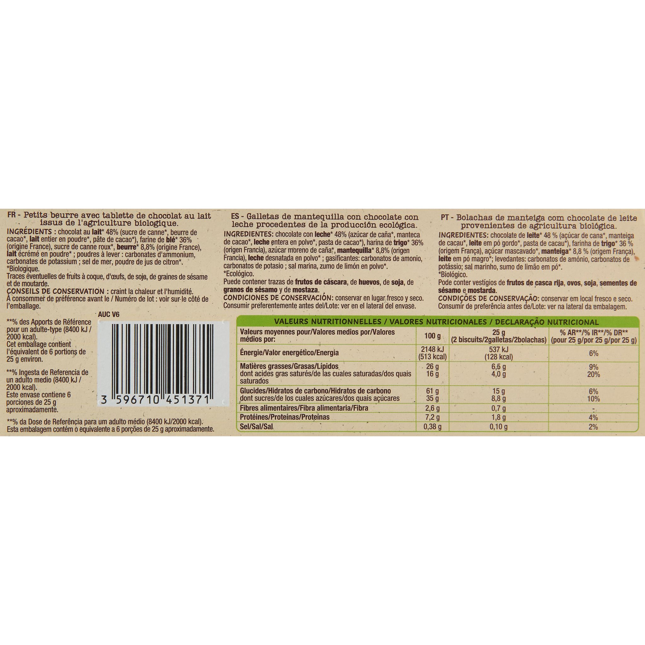 Voir la diapositive 2 : AUCHAN BIO CULTIVONS LE BON Biscuits petit beurre avec tablette de chocolat au lait 12 biscuits 150g