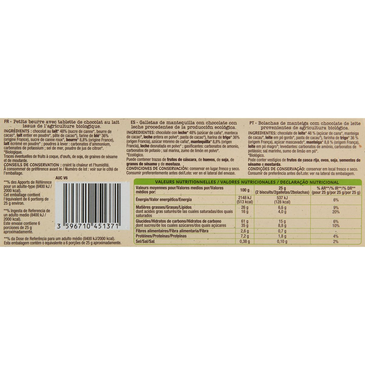 AUCHAN BIO CULTIVONS LE BON Biscuits petit beurre avec tablette de chocolat au lait 12 biscuits 150g