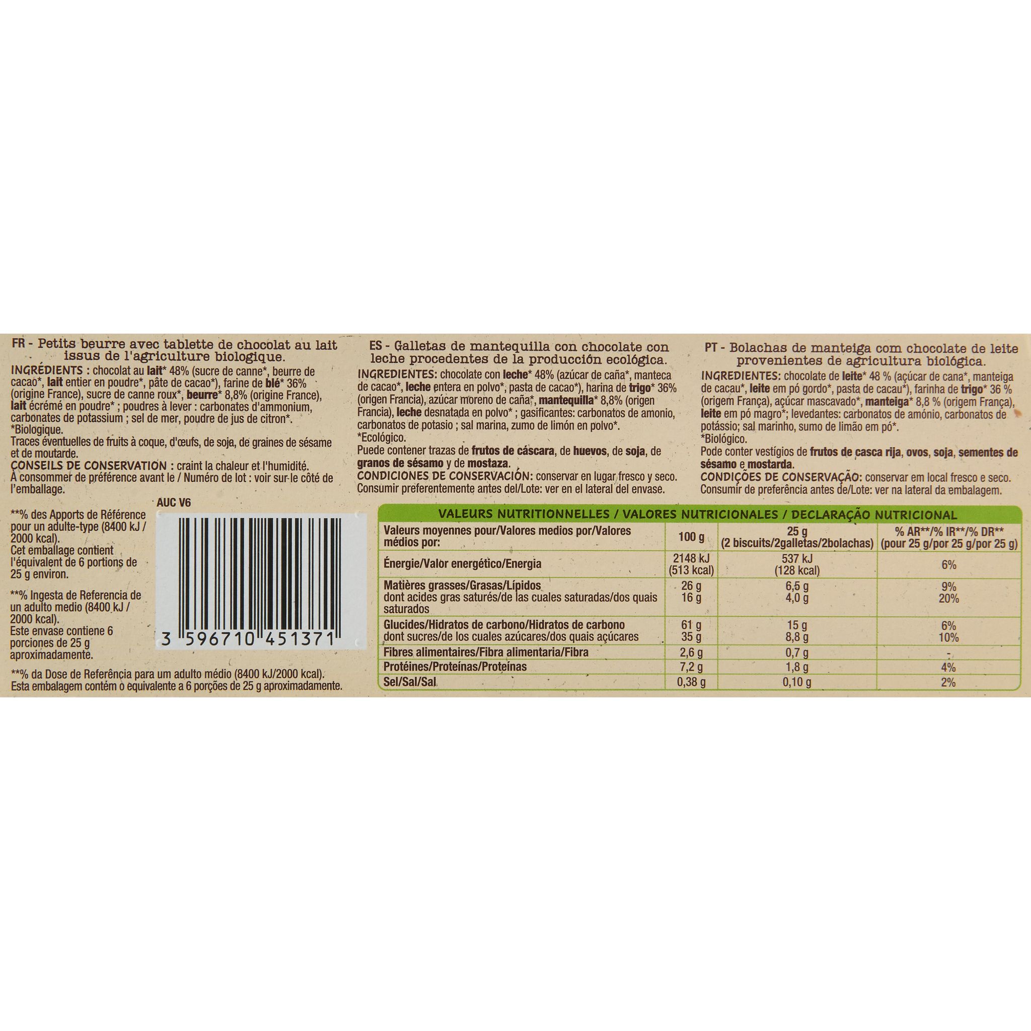 Voir la diapositive 3 : AUCHAN BIO CULTIVONS LE BON Biscuits petit beurre avec tablette de chocolat au lait 12 biscuits 150g