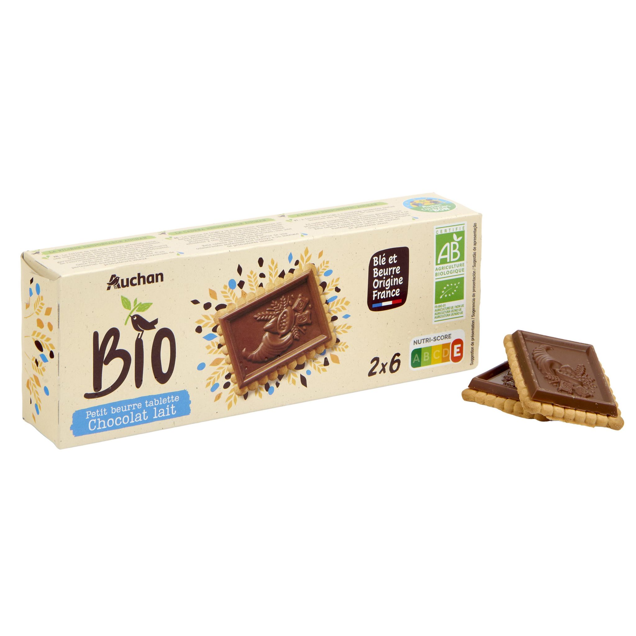 Voir la diapositive 4 : AUCHAN BIO CULTIVONS LE BON Biscuits petit beurre avec tablette de chocolat au lait 12 biscuits 150g