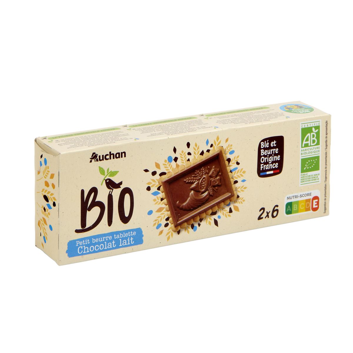 AUCHAN BIO CULTIVONS LE BON Biscuits petit beurre avec tablette de chocolat au lait 12 biscuits 150g