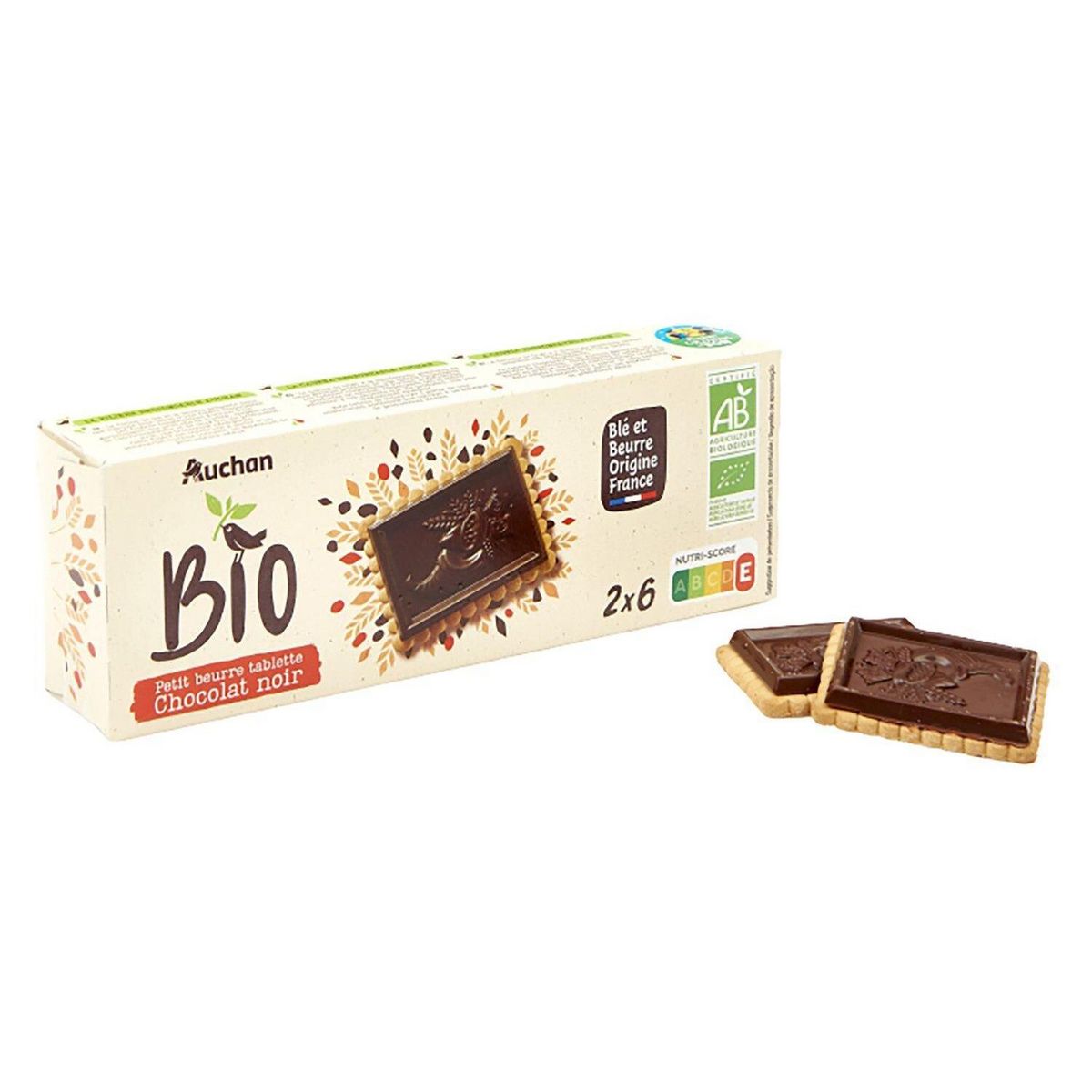 AUCHAN BIO CULTIVONS LE BON Biscuits petit beurre avec tablette de chocolat noir 12 biscuits 150g
