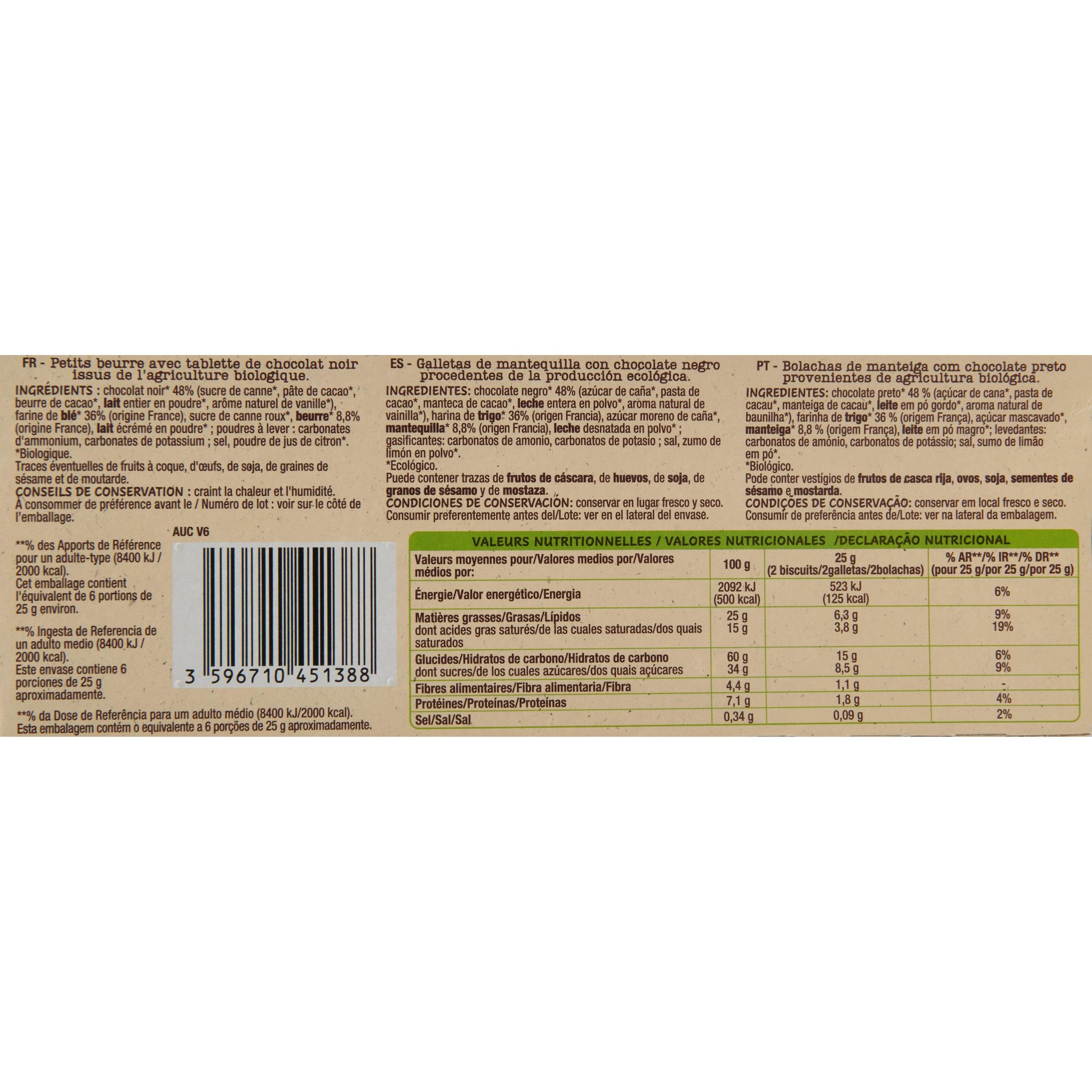 Voir la diapositive 3 : AUCHAN BIO CULTIVONS LE BON Biscuits petit beurre avec tablette de chocolat noir 12 biscuits 150g