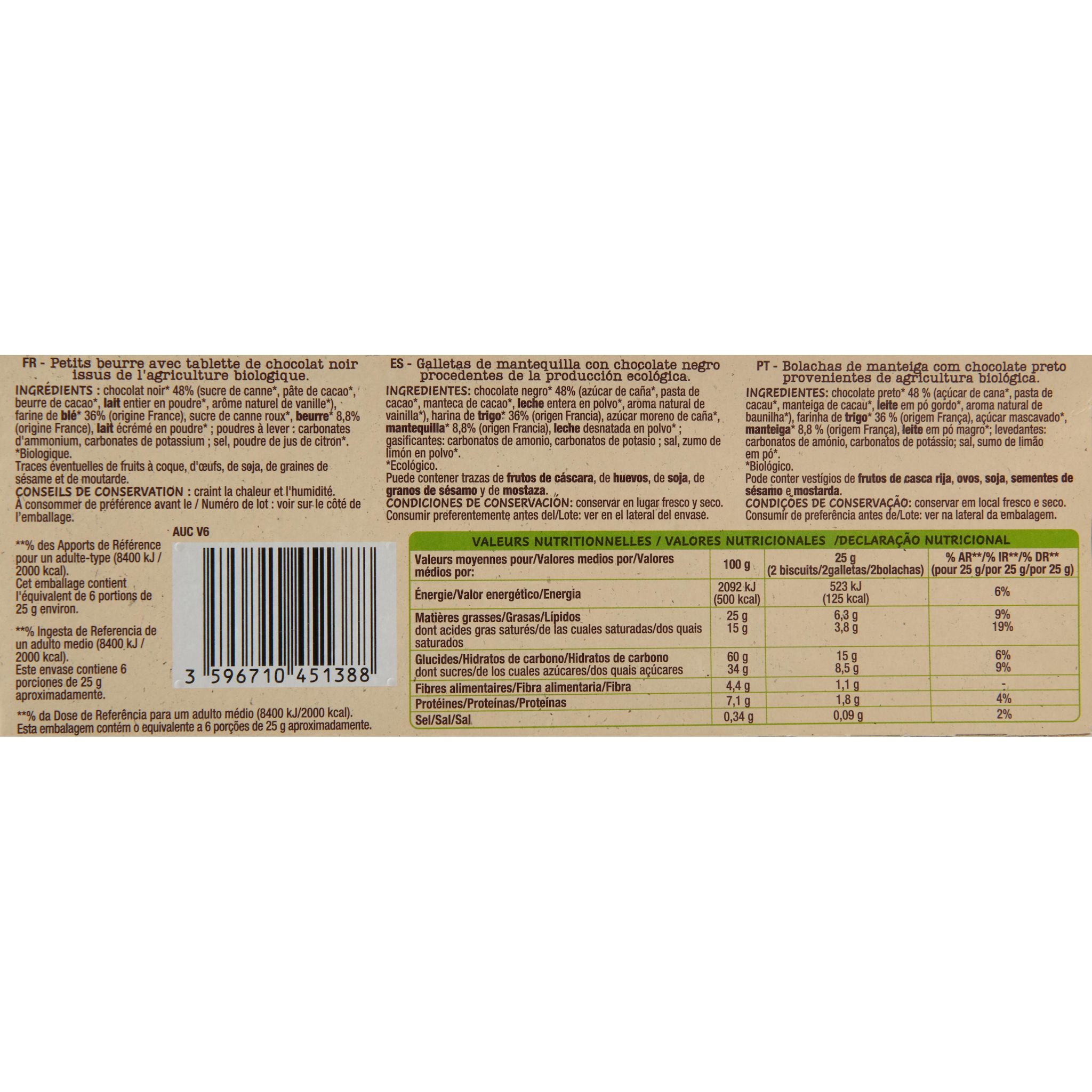 Voir la diapositive 4 : AUCHAN BIO CULTIVONS LE BON Biscuits petit beurre avec tablette de chocolat noir 12 biscuits 150g