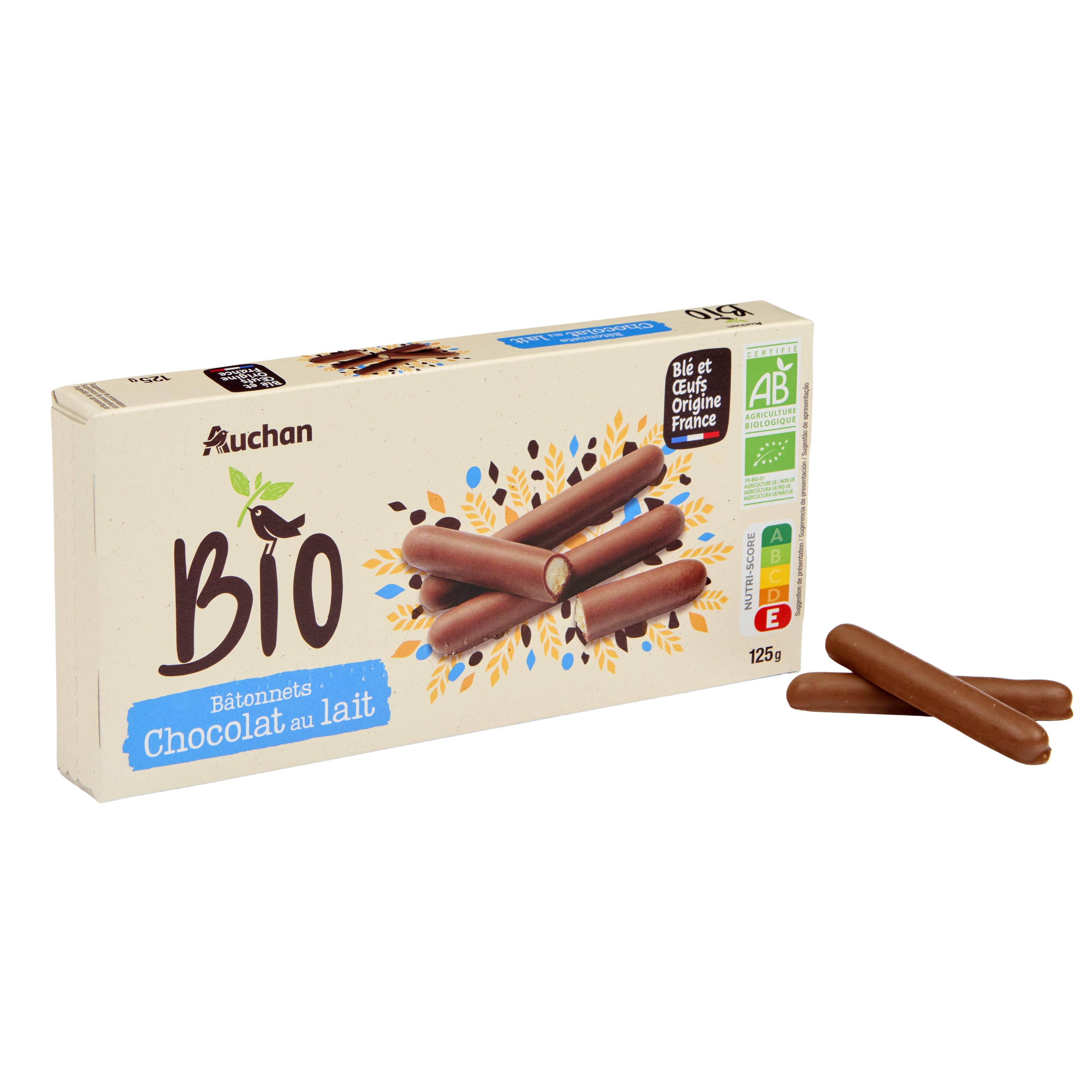 Voir la diapositive 2 : AUCHAN BIO Bâtonnets nappés de chocolat au lait 20 bâtonnets 125g