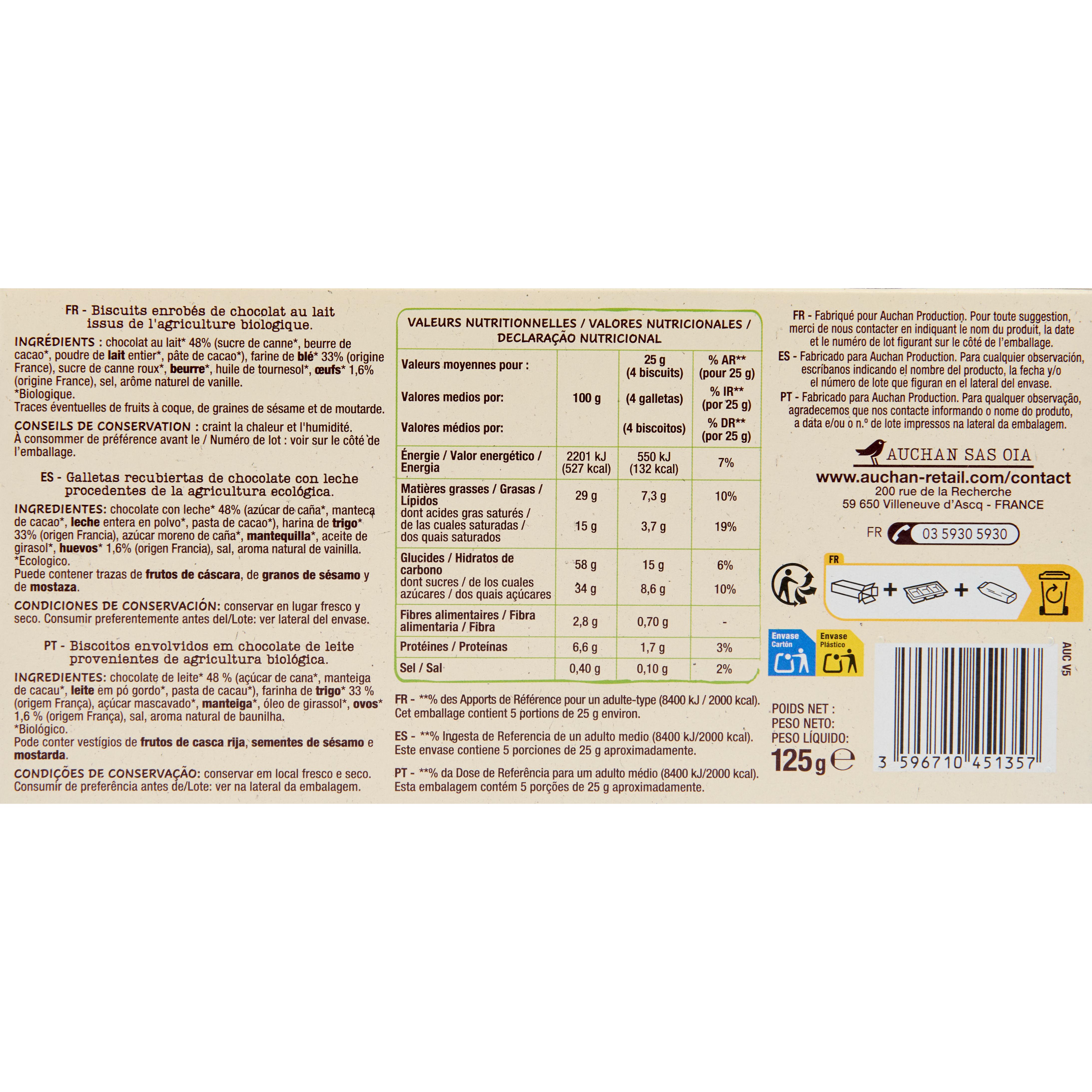 Voir la diapositive 3 : AUCHAN BIO Bâtonnets nappés de chocolat au lait 20 bâtonnets 125g