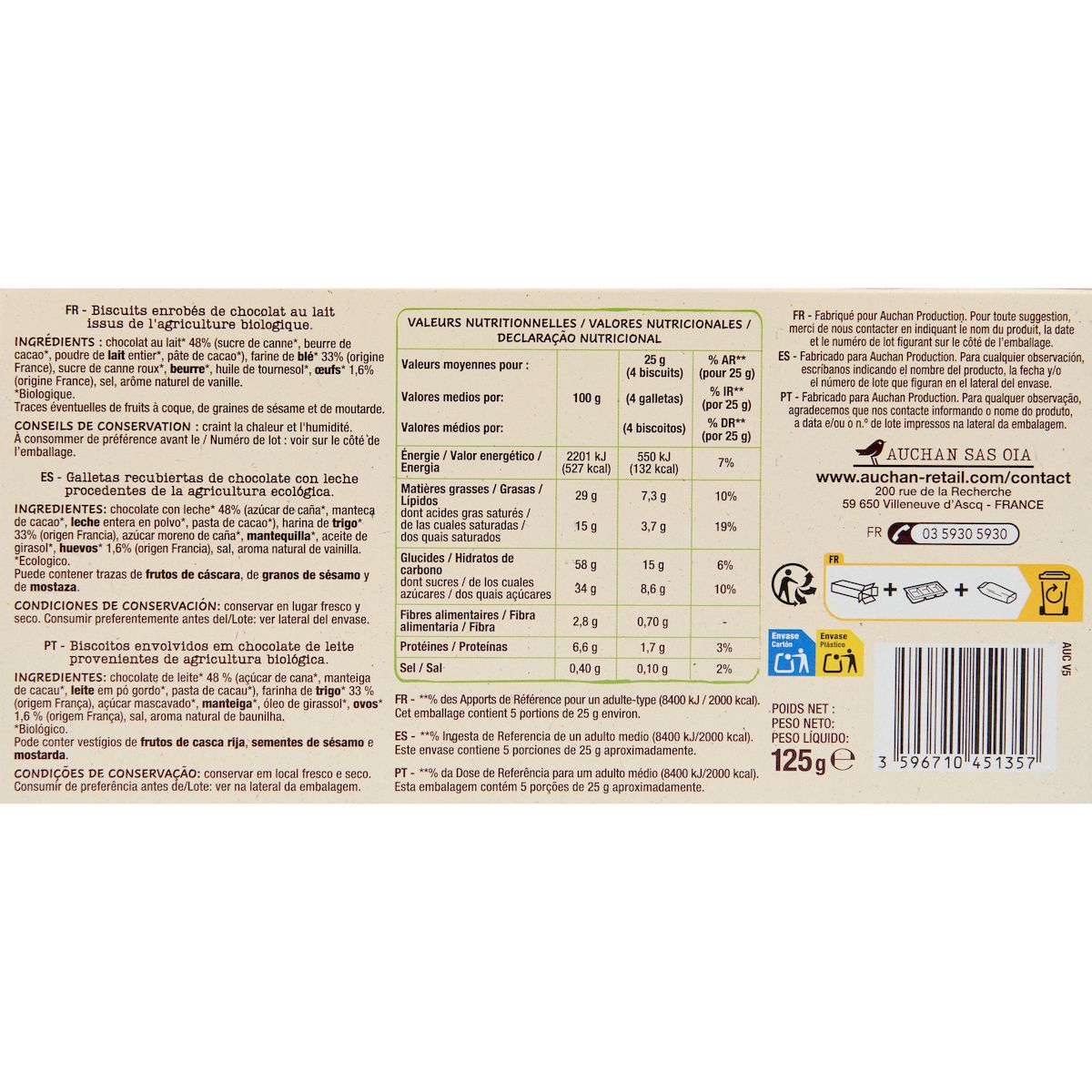 AUCHAN BIO Bâtonnets nappés de chocolat au lait 20 bâtonnets 125g