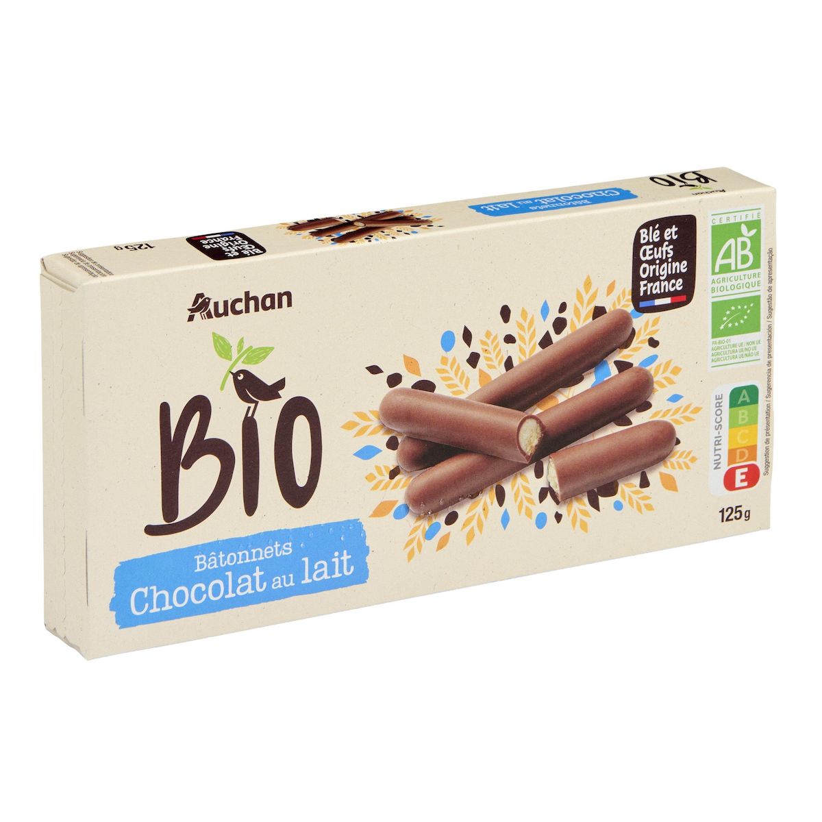 AUCHAN BIO Bâtonnets nappés de chocolat au lait 20 bâtonnets 125g