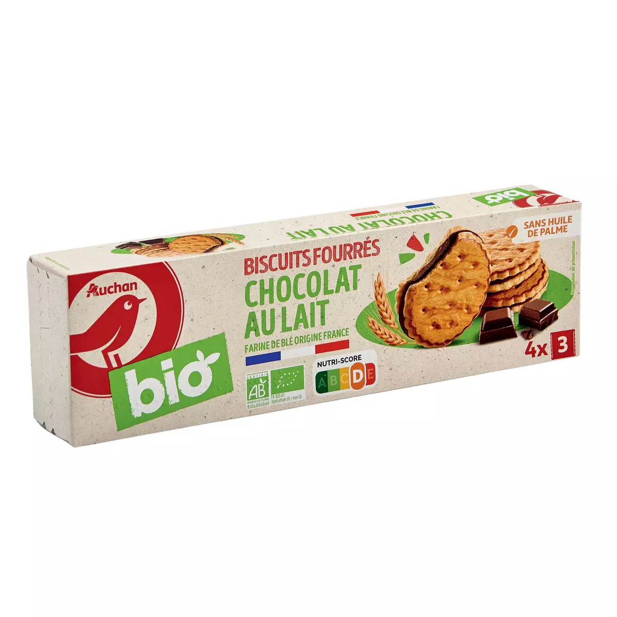 AUCHAN BIO Biscuits fourrés au chocolat au lait sachets fraîcheur 4x3 biscuits 185g