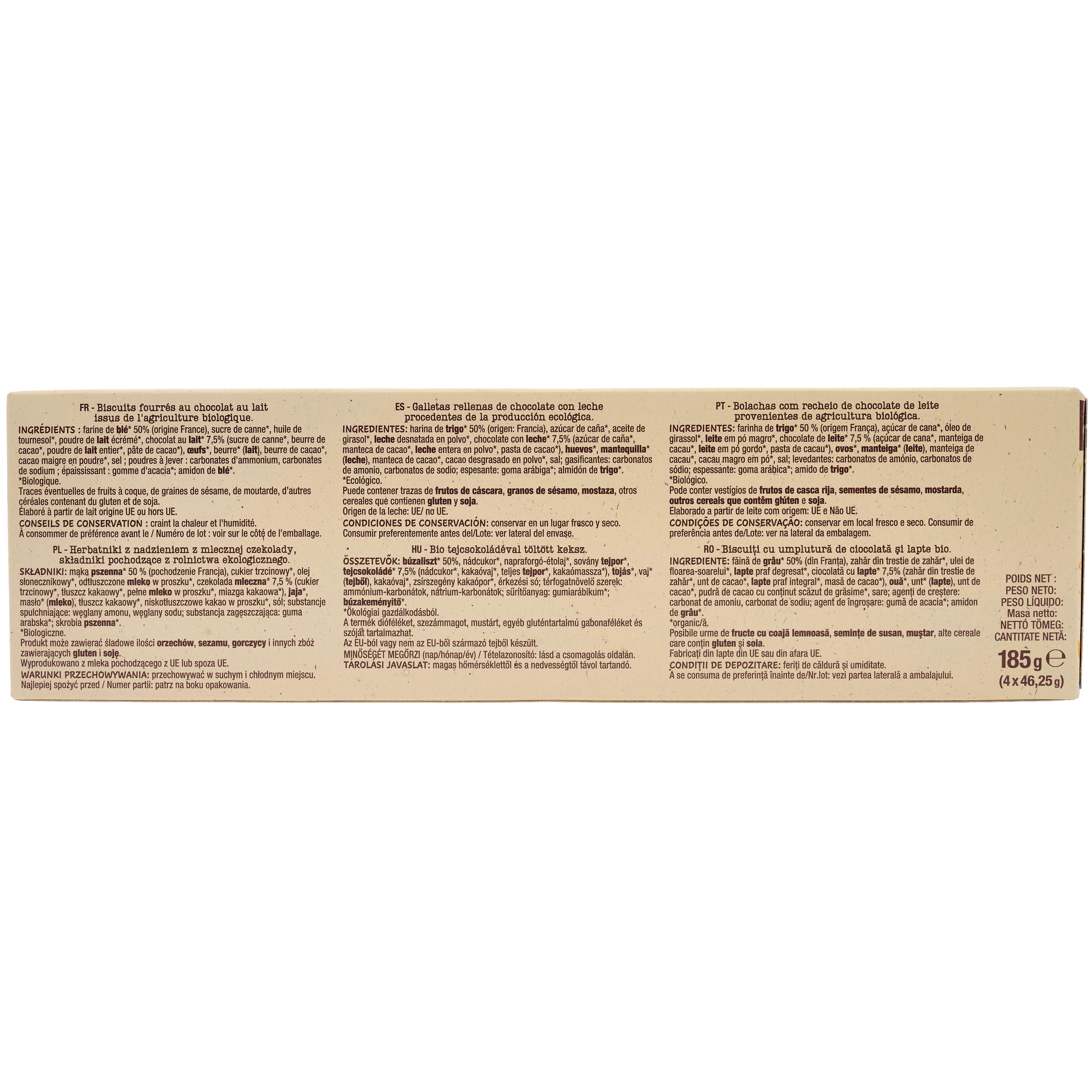 Voir la diapositive 2 : AUCHAN BIO Biscuits fourrés au chocolat au lait sachets fraîcheur 4x3 biscuits 185g