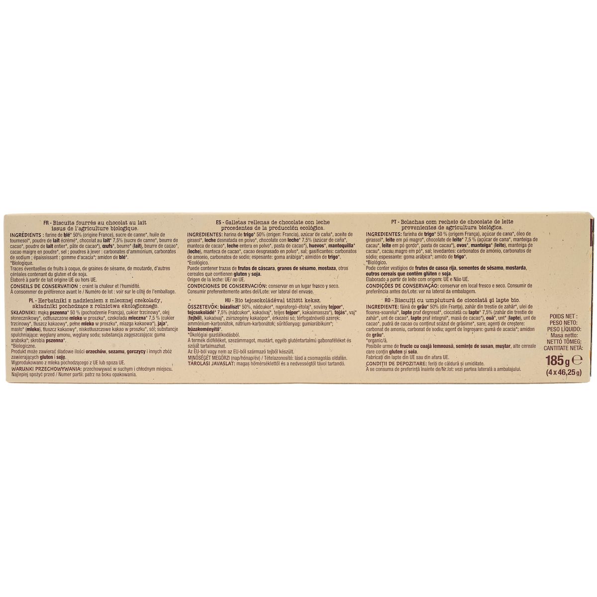 AUCHAN BIO Biscuits fourrés au chocolat au lait sachets fraîcheur 4x3 biscuits 185g