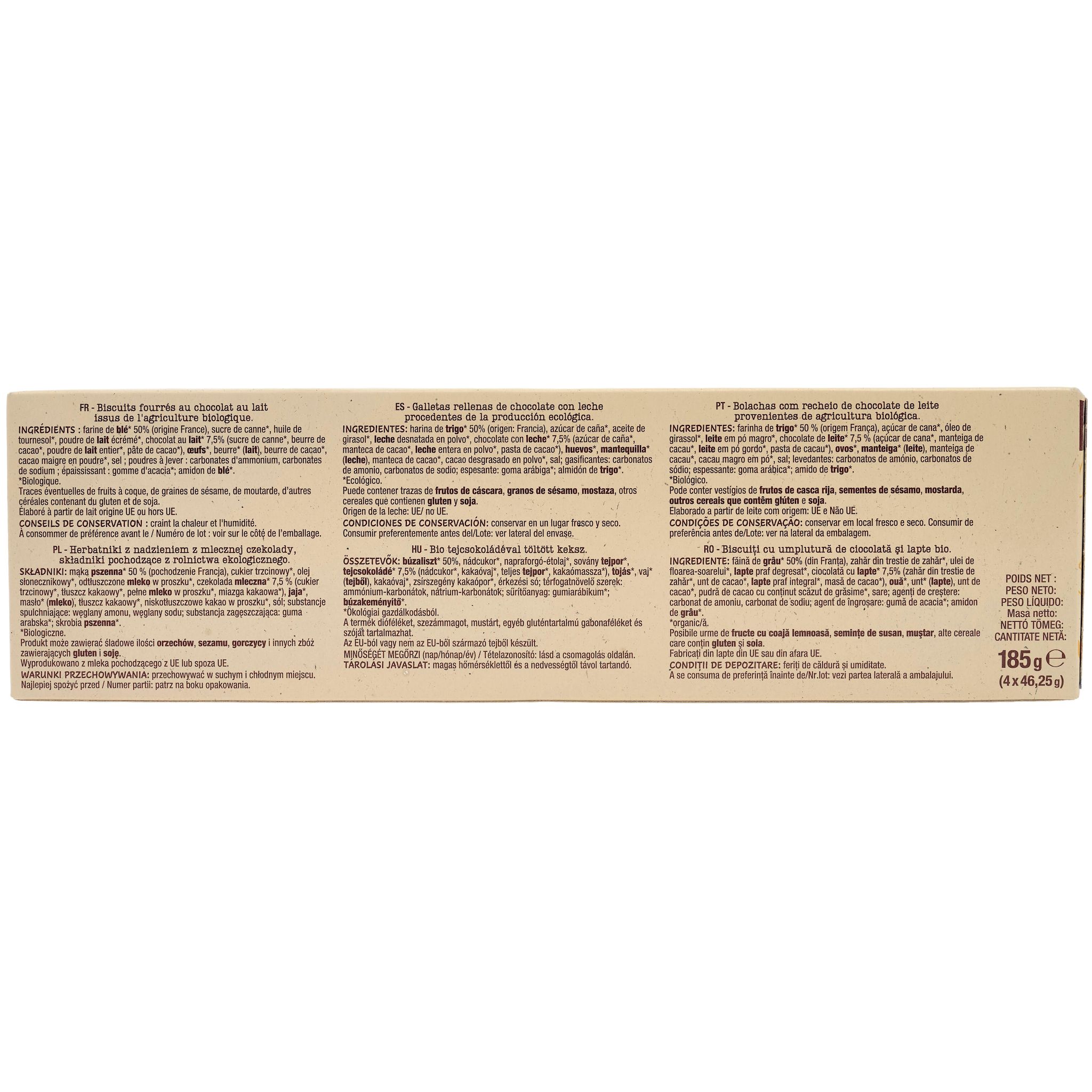 Voir la diapositive 2 : AUCHAN BIO Biscuits fourrés au chocolat au lait sachets fraîcheur 4x3 biscuits 185g