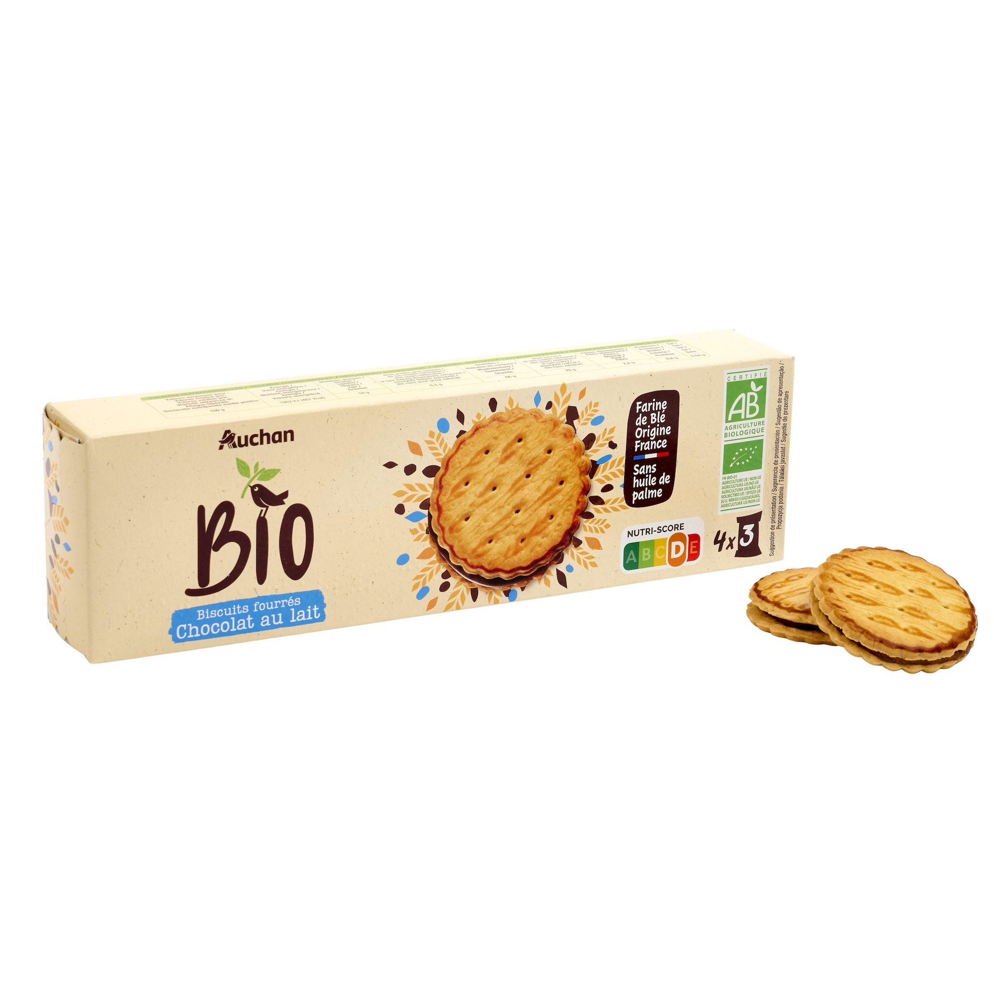 Voir la diapositive 3 : AUCHAN BIO Biscuits fourrés au chocolat au lait sachets fraîcheur 4x3 biscuits 185g