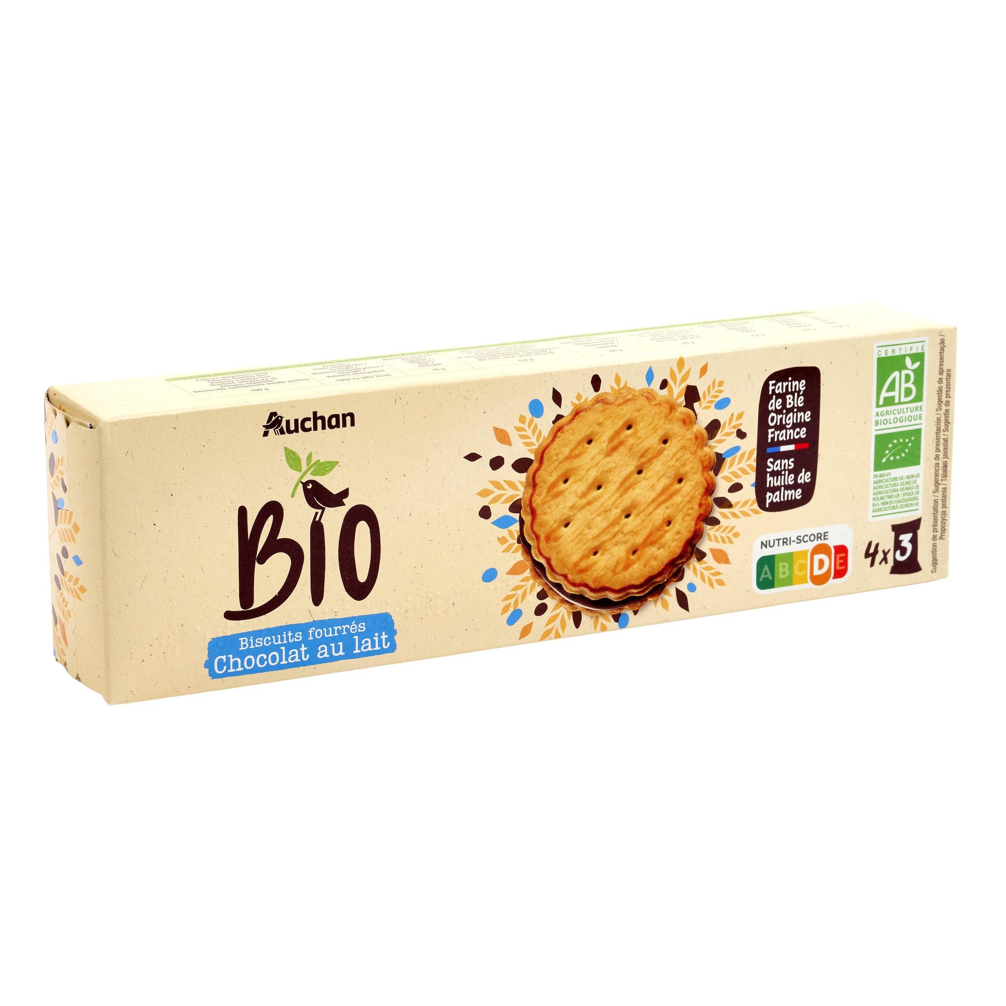 Voir la diapositive 4 : AUCHAN BIO Biscuits fourrés au chocolat au lait sachets fraîcheur 4x3 biscuits 185g