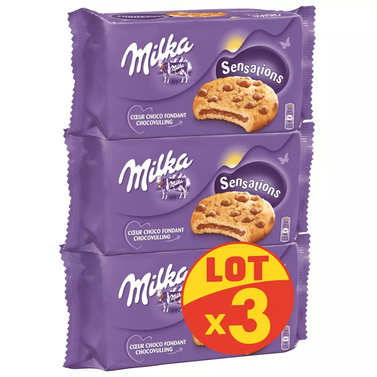 MILKA Cookies Sensations cœur fondant au chocolat 3 paquets 3X182g