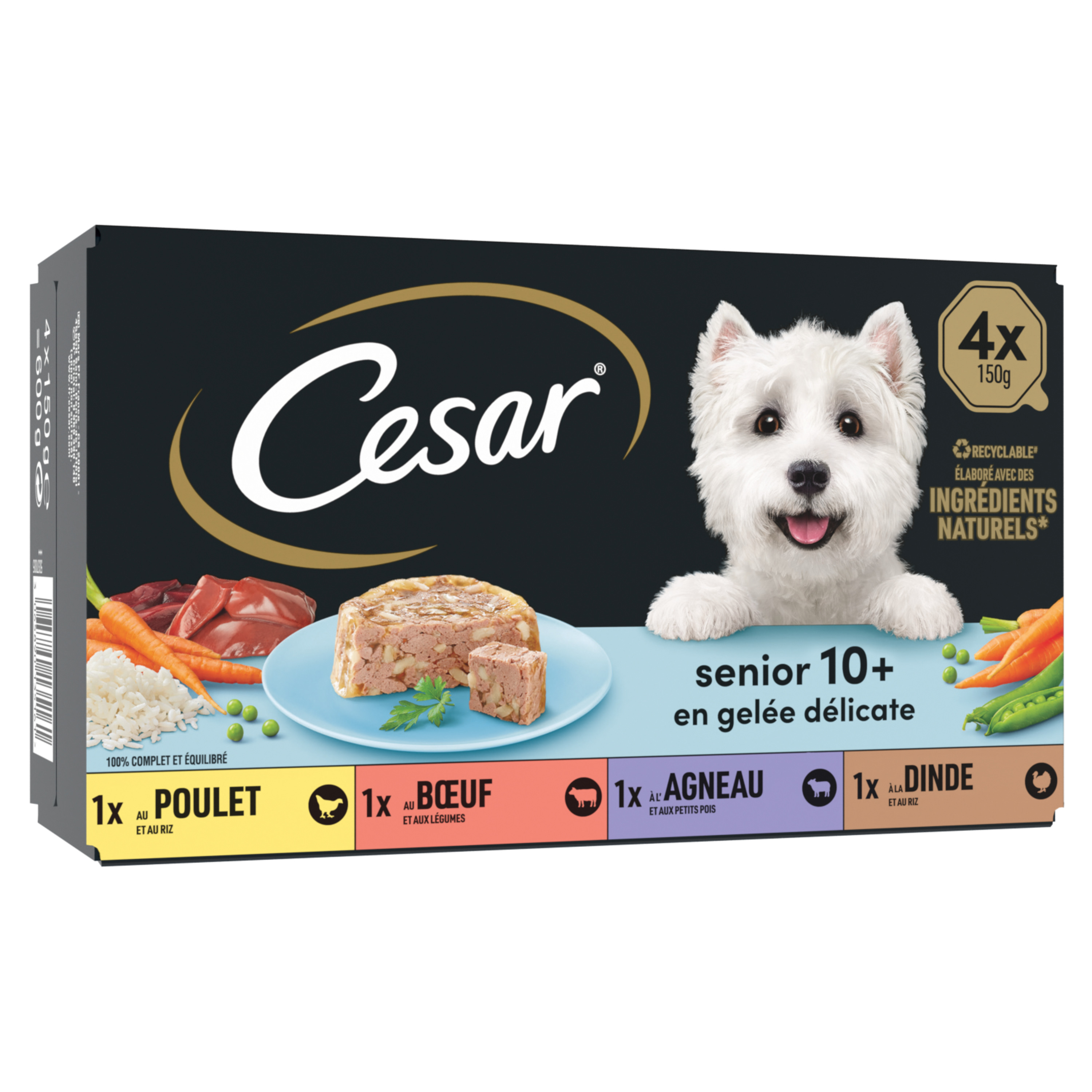 Voir la diapositive 2 : CESAR Assortiment de barquettes en gelée délicate 4 variétés pour chien senior 10 + 4x150g