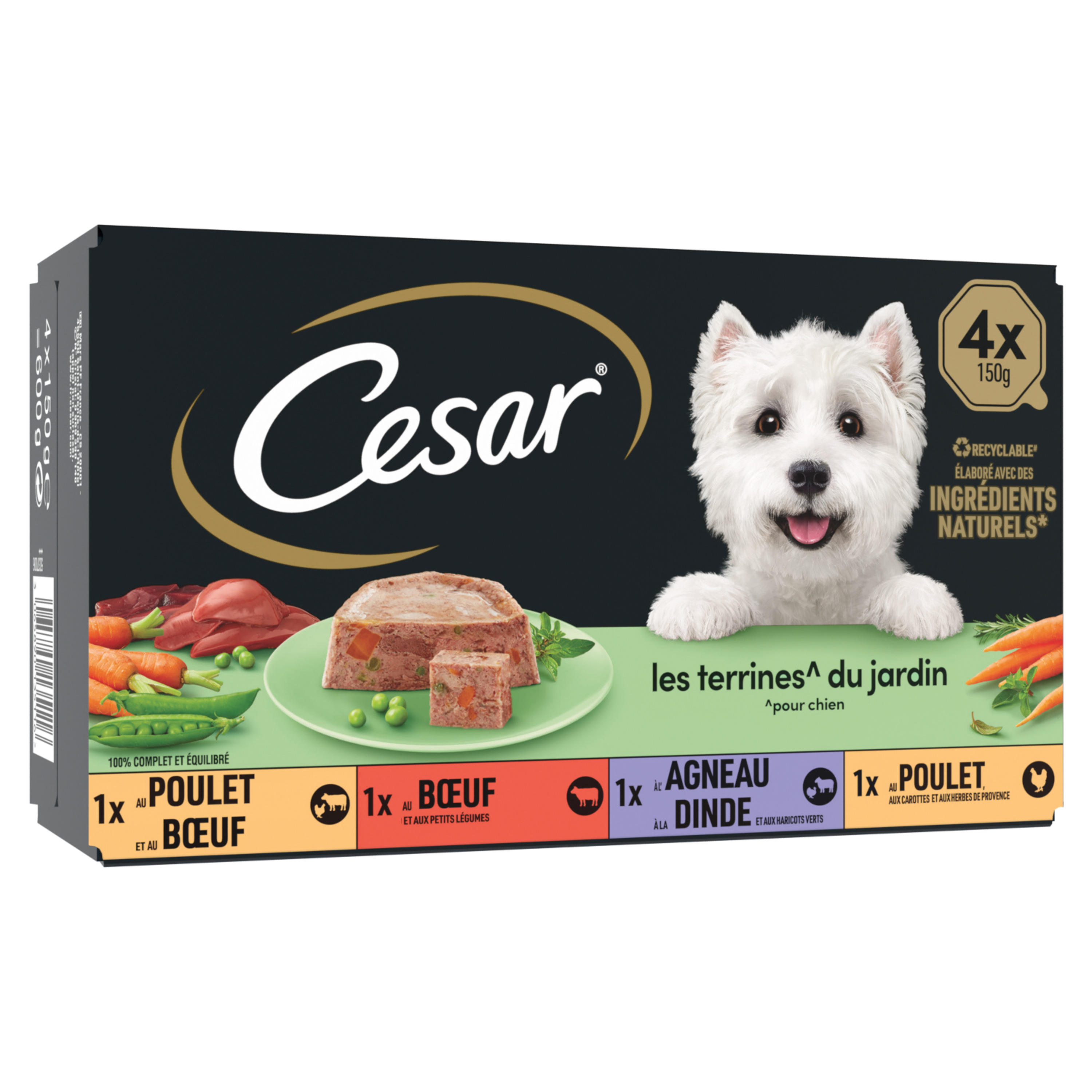 Voir la diapositive 2 : CESAR Les terrines du jardin assortiment barquettes 4 variétés pour chien 4x150g