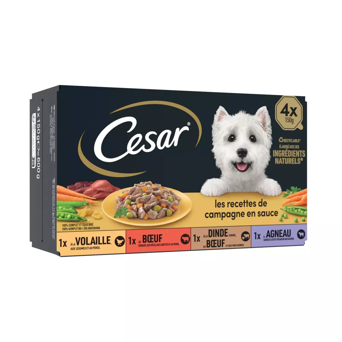 CESAR Assortiment barquettes filets sauce viandes légumes pour chien 4x150g