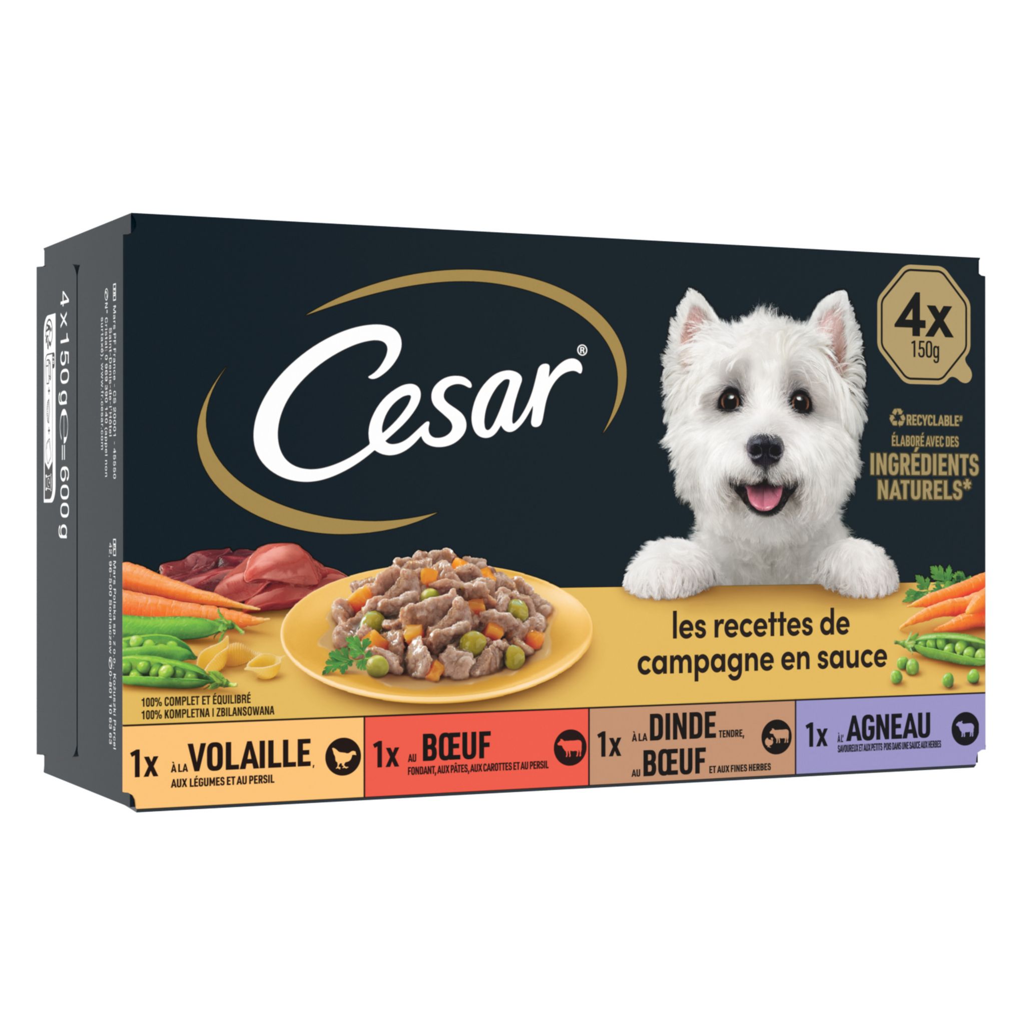 Voir la diapositive 2 : CESAR Les recettes de campagne barquettes filets sauce assortiment 4 variétés pour chien 4x150g