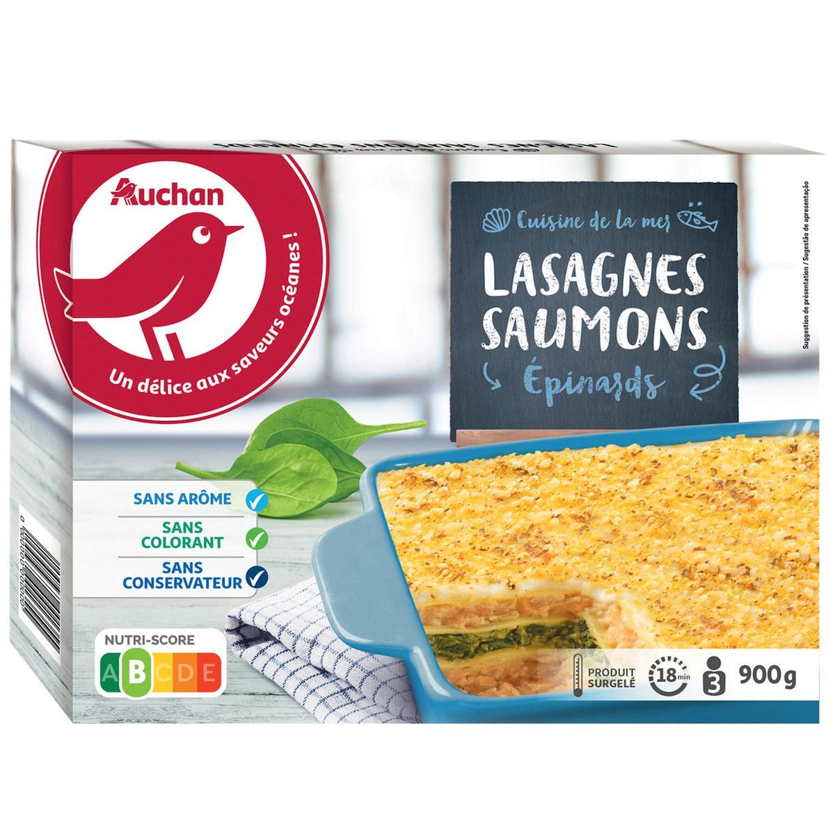 AUCHAN Lasagnes saumon épinards 3 portions 900g