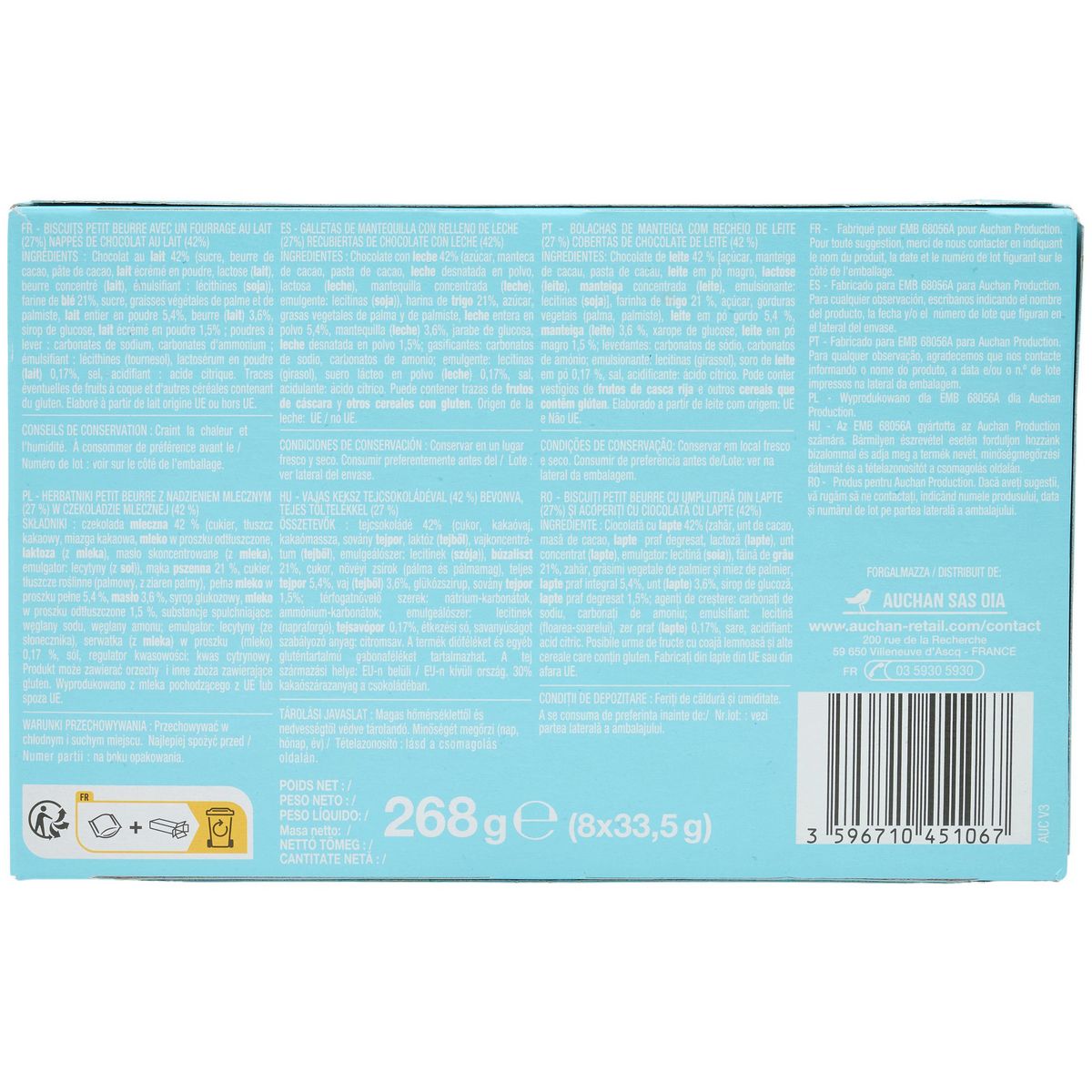 AUCHAN Petit beurre cœur de lait sachets fraîcheur 8x2 biscuits 268g