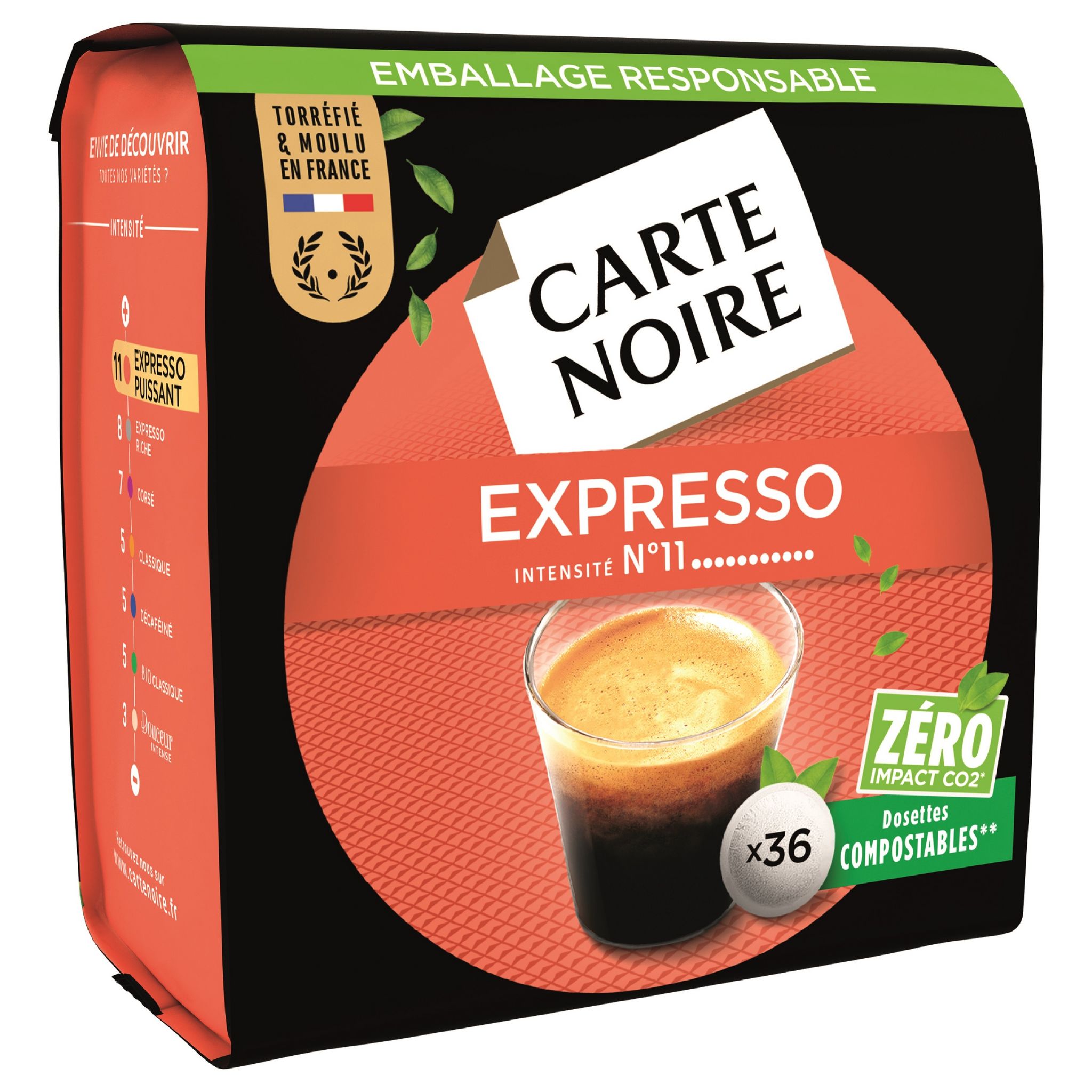 Voir la diapositive 2 : CARTE NOIRE Dosettes de café expresso intensité 11 compatibles Senseo 36 dosettes 250g