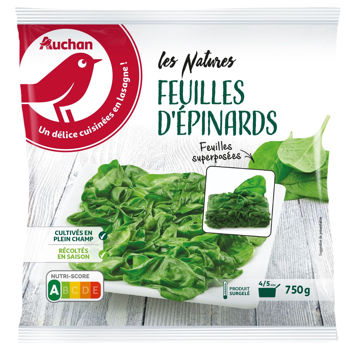 AUCHAN Feuilles d'épinards 3-4 portions 750g