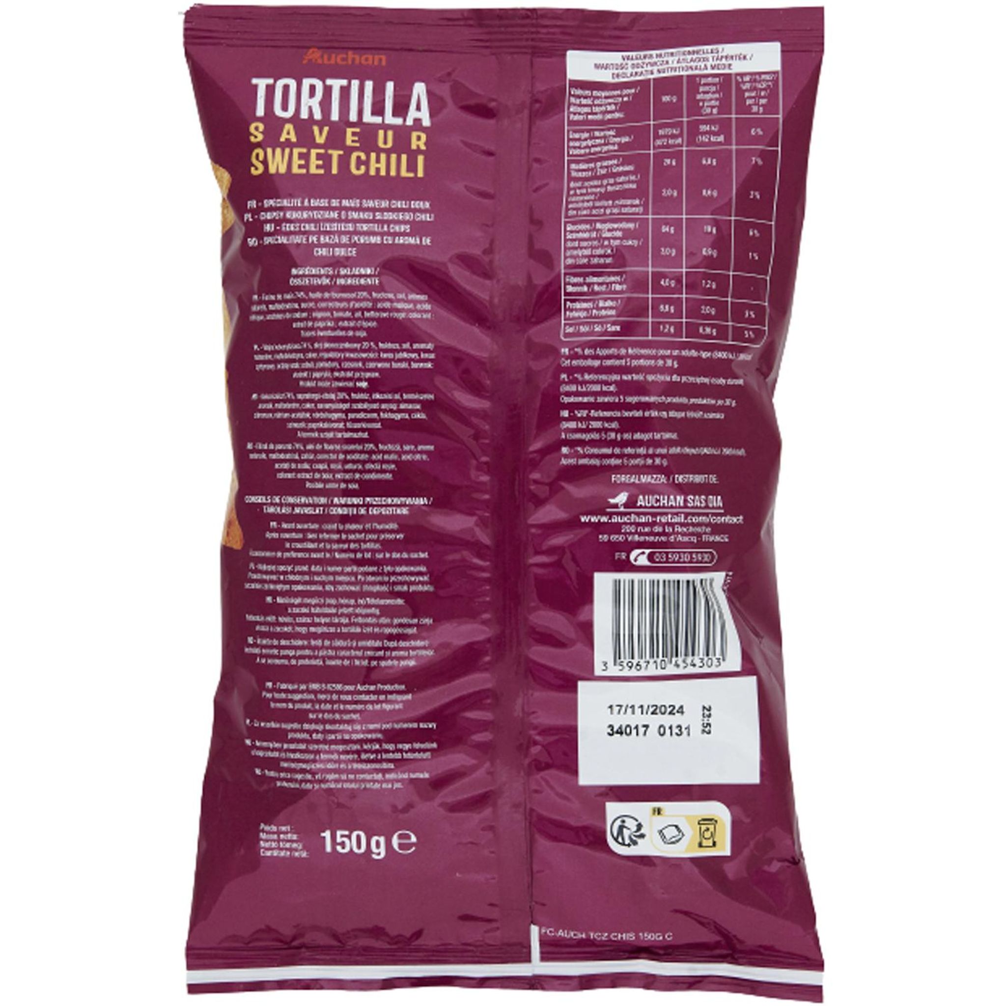 Voir la diapositive 2 : AUCHAN Tortillas saveur sweet chili 150g