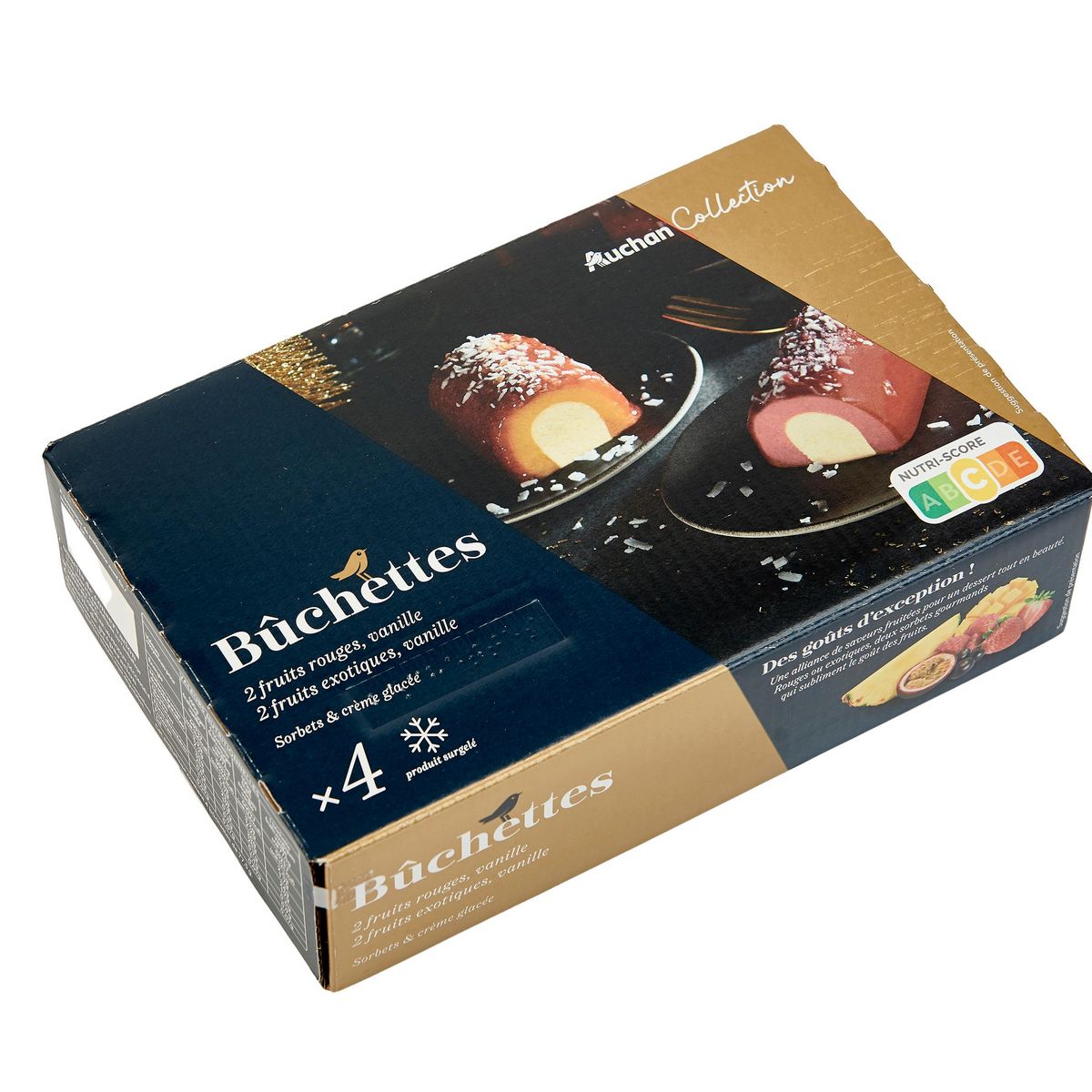 AUCHAN COLLECTION Bûchette glacée framboise fruits exotiques et vanille 4 pièces 310g