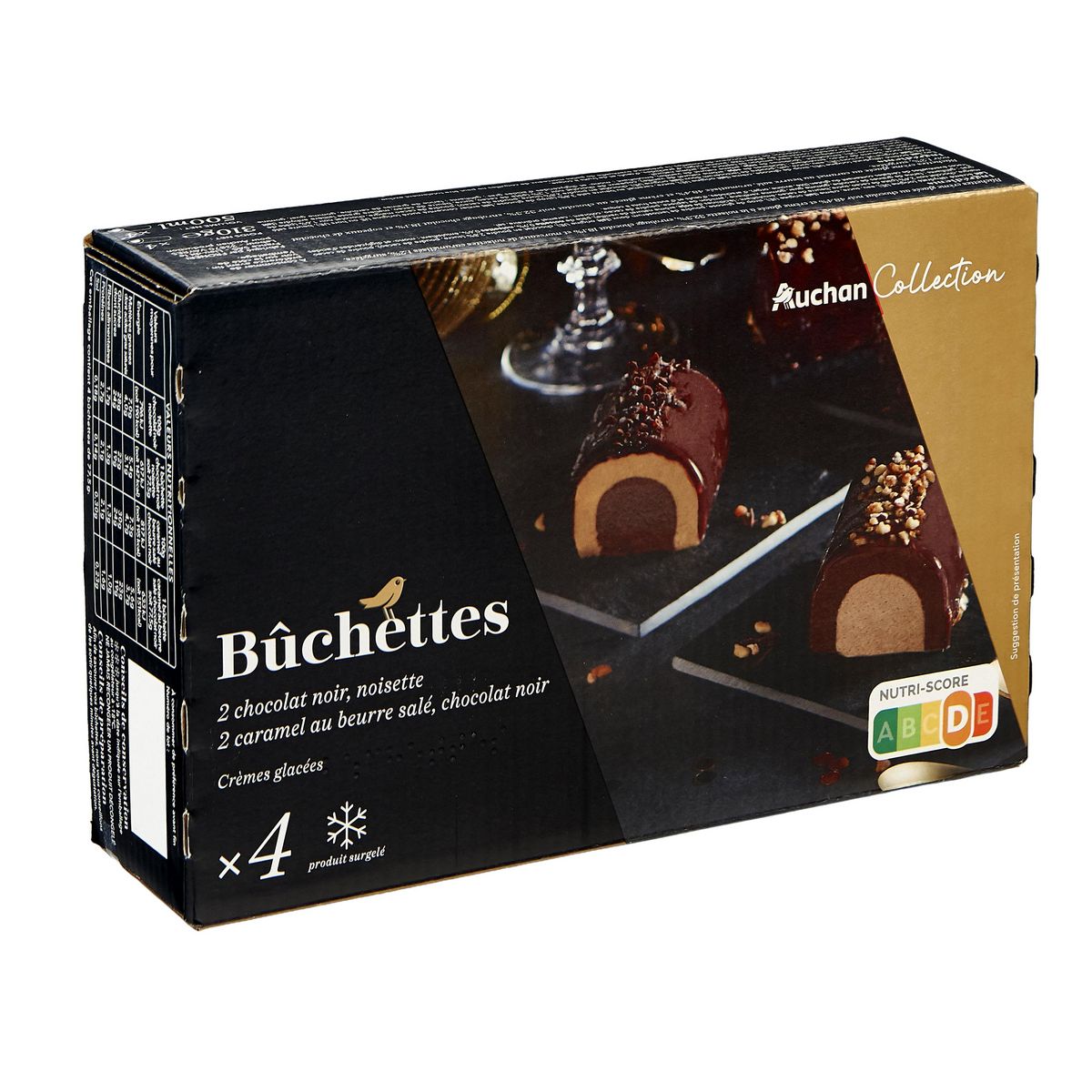 AUCHAN COLLECTION Bûchettes glacées individuelles noisette chocolat et caramel 4 pièces 310g