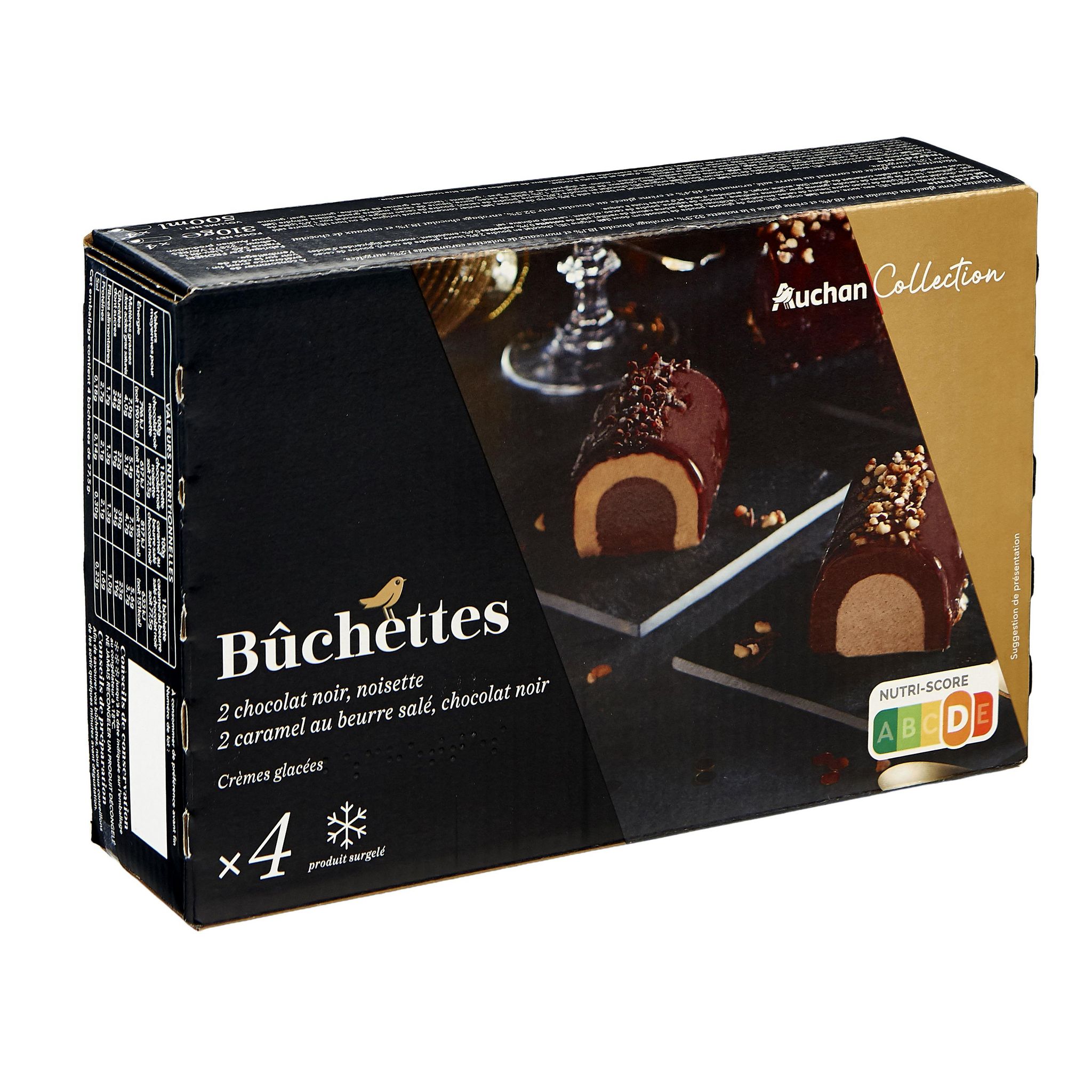 Voir la diapositive 2 : AUCHAN COLLECTION Bûchettes glacées individuelles noisette chocolat et caramel 4 pièces 310g